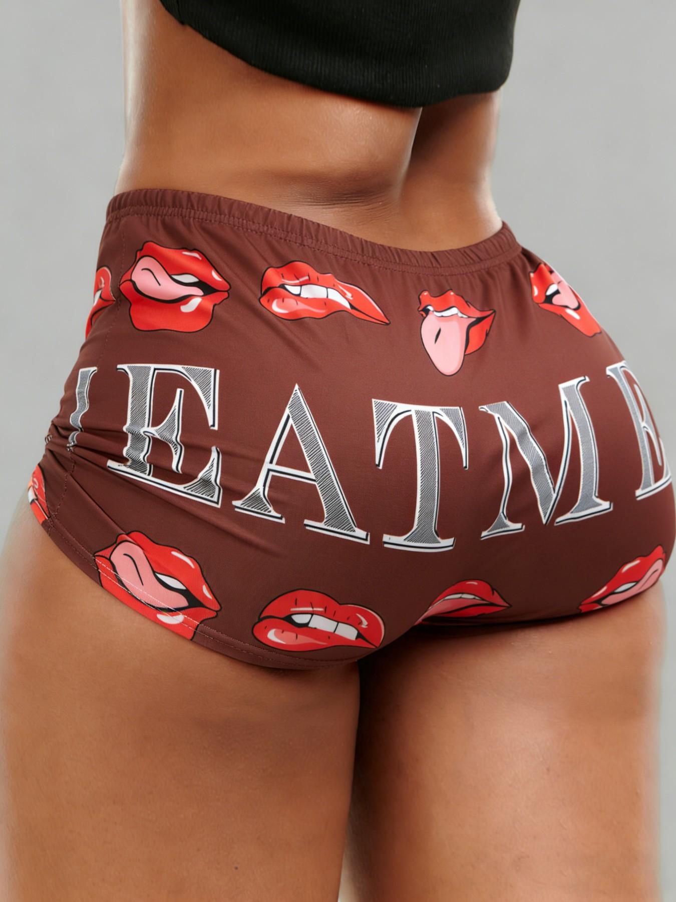 Women's All Over Letter & Lips Print Elastic Waist Shorts, Casual Comfy Breathable Graphic Print Shorts for Summer, Ladies Bottoms for Daily Wear