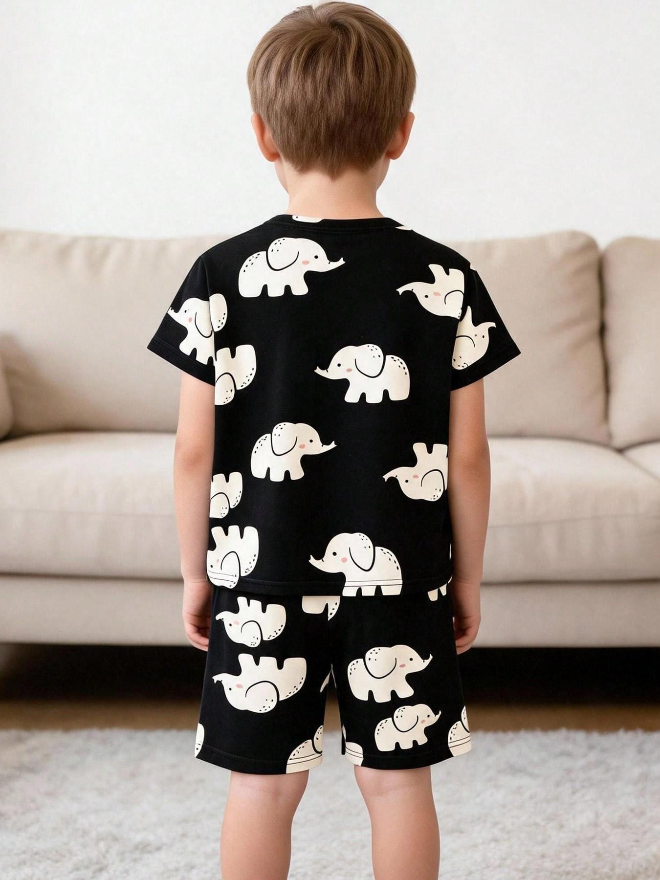 Boys' 2-Piece Home Wear Set, Short Sleeve Elephant Print Pajamas, Lightweight Casual for Spring & Fall, Ideal for Daily Wear & Outdoor Activities