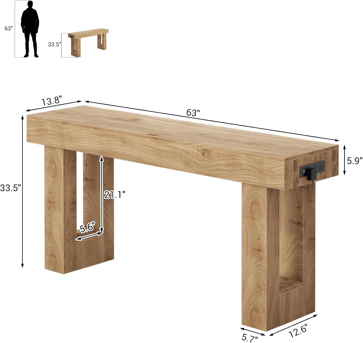 Unikito Narrow Console Table with Electrical Outlet 63 Inch Entryway Table with Open Shelf Multi-Functional Farmhouse Sofa Table for Hallway or Living Room White Durable MDF Board with USB Ports