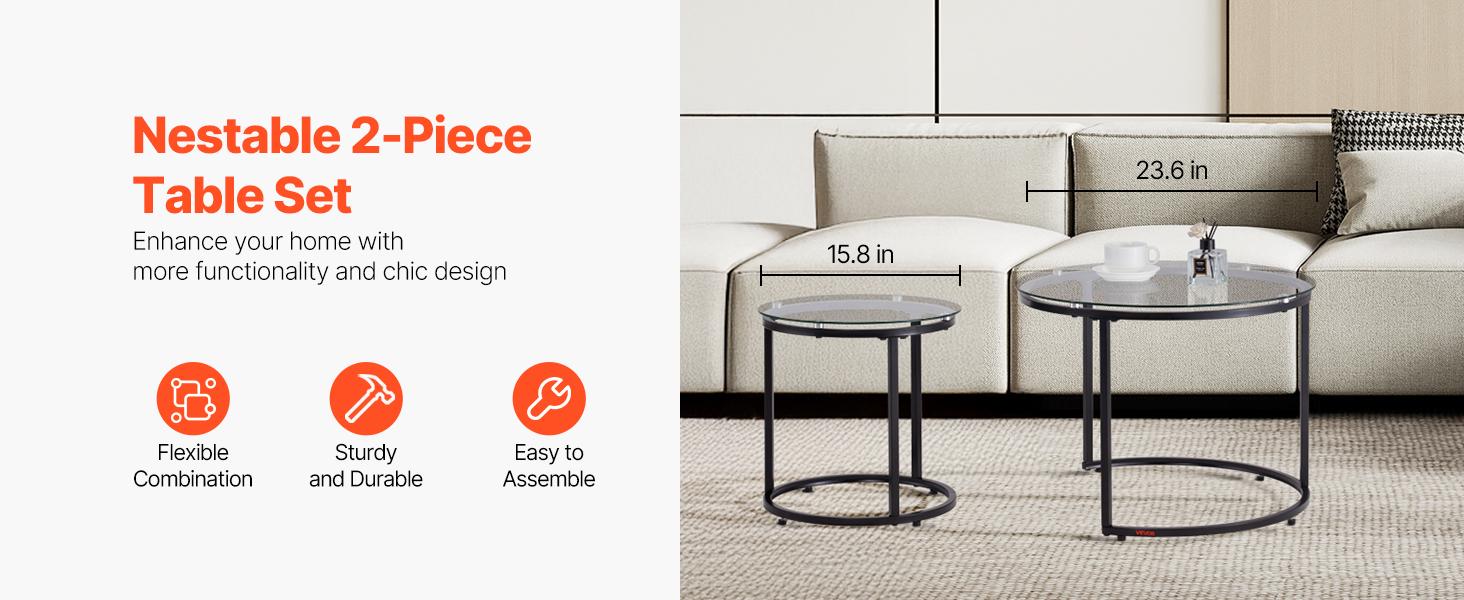 VEVOR Nesting Coffee Table Set of 2, 23.6 in Round Coffee Table, Glass Nesting Tables for Small Place, Modern End Side Tables Night Stand with Metal Frame, for Living Room, Bedroom, Balcony, Office