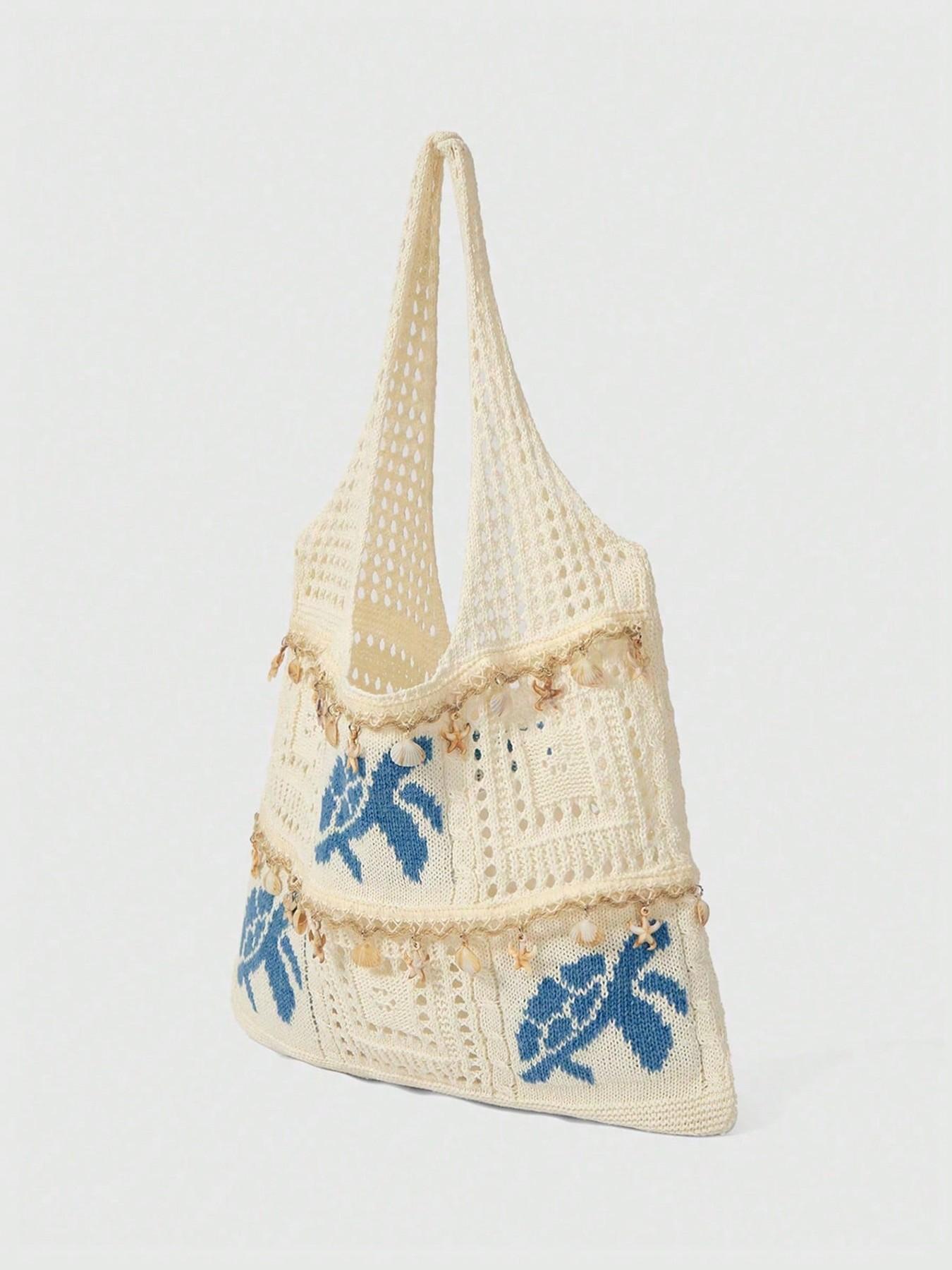 Vacation style simple and personalized hollow knitted turtle tote bag, shell, starfish, tassel hanging accessories, wide shoulder strap, large capacity beach bag, suitable for beach play and outdoor travel