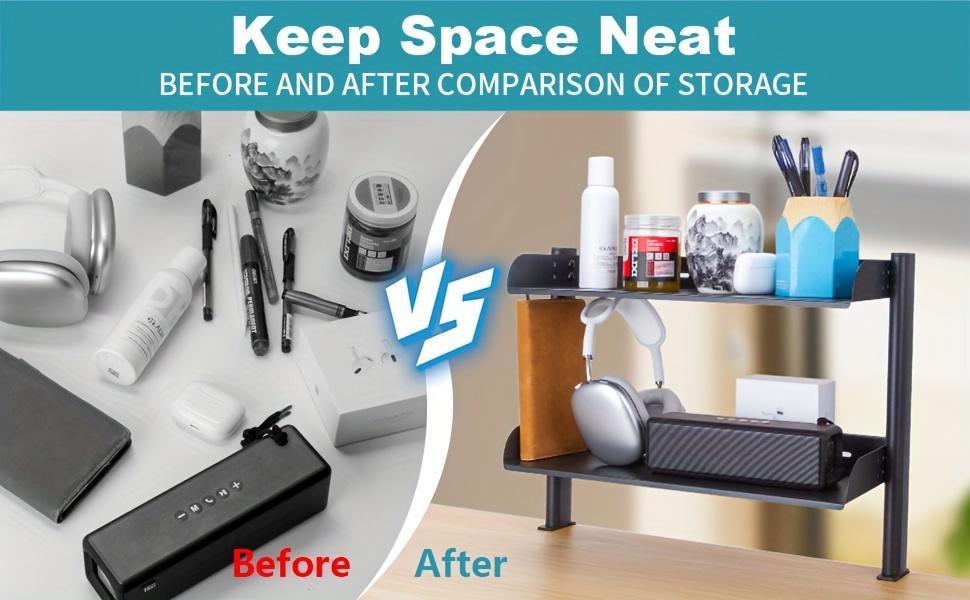 Adjustable Clip-On Desktop Organizer Rack, Double-Layer Metal Side Table, Easy to Install, Space-Saving Office Supplies Accessory Storage