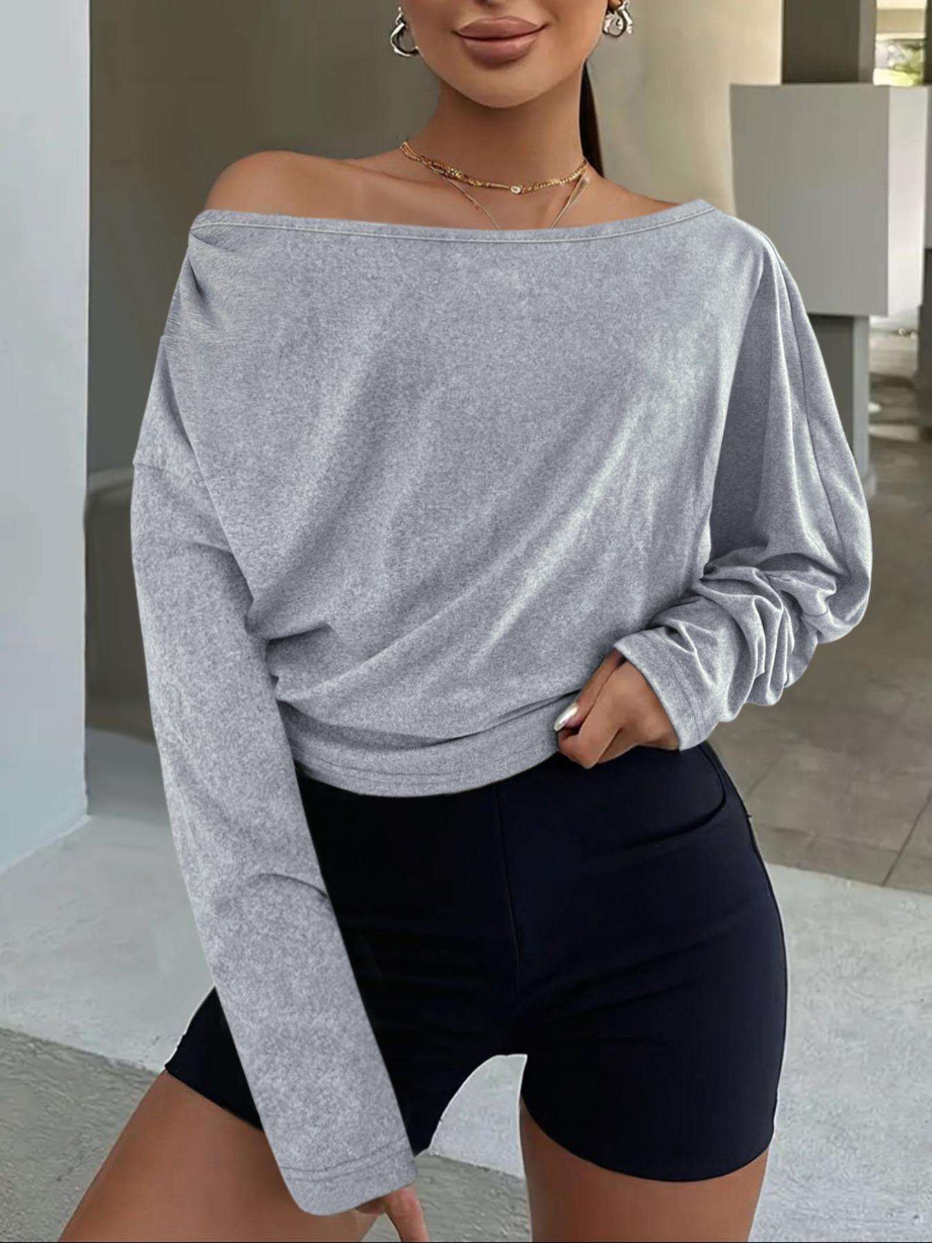 Women's Asymmetrical Shoulder Long Sleeve Knit Top, Casual Fashion Essential Fitted Blouse for Spring & Fall, Ladies' Stylish Daily Wear Clothing