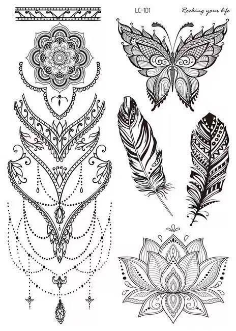 3 Pieces/Lot Unique Sexy Black Temporary Tattoo Stickers For Women Adults Feather Mandala Flower Body Art Large Big Arm Temp Tattoo Sheet Lace Indian Bridal Wedding Tatoo Dreamcatcher Paper OWL Water Proof Henna Stencils Henna Pen
