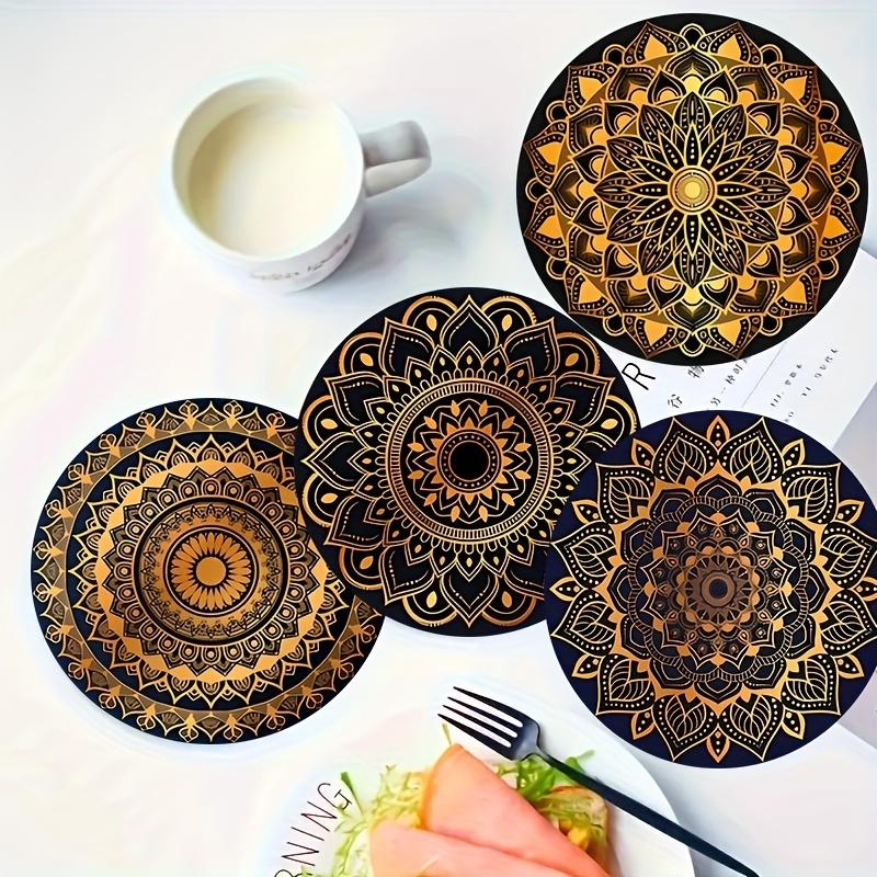 8-Piece Golden Mandala Wooden Coasters - Absorbent and Durable, Ideal for Coffee, Tea, and Beverages | Perfect Home and Restaurant Decor | Ideal Graduation Gift