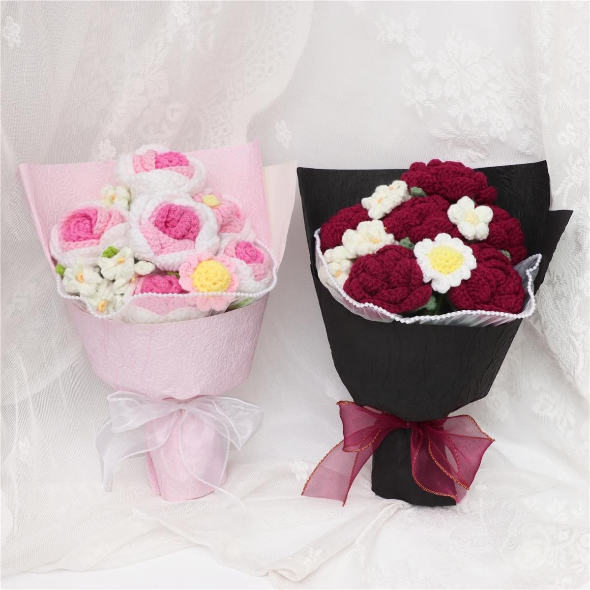 Handmade Crochet Flower Bouquet, 1 Bunch Decorative Artificial Flowers for Home Decor, Weddings, Parties & Anniversaries, Perfect Gift for Valentine’s Day, Birthday, Mother’s Day & Thanksgiving, Fake Flower