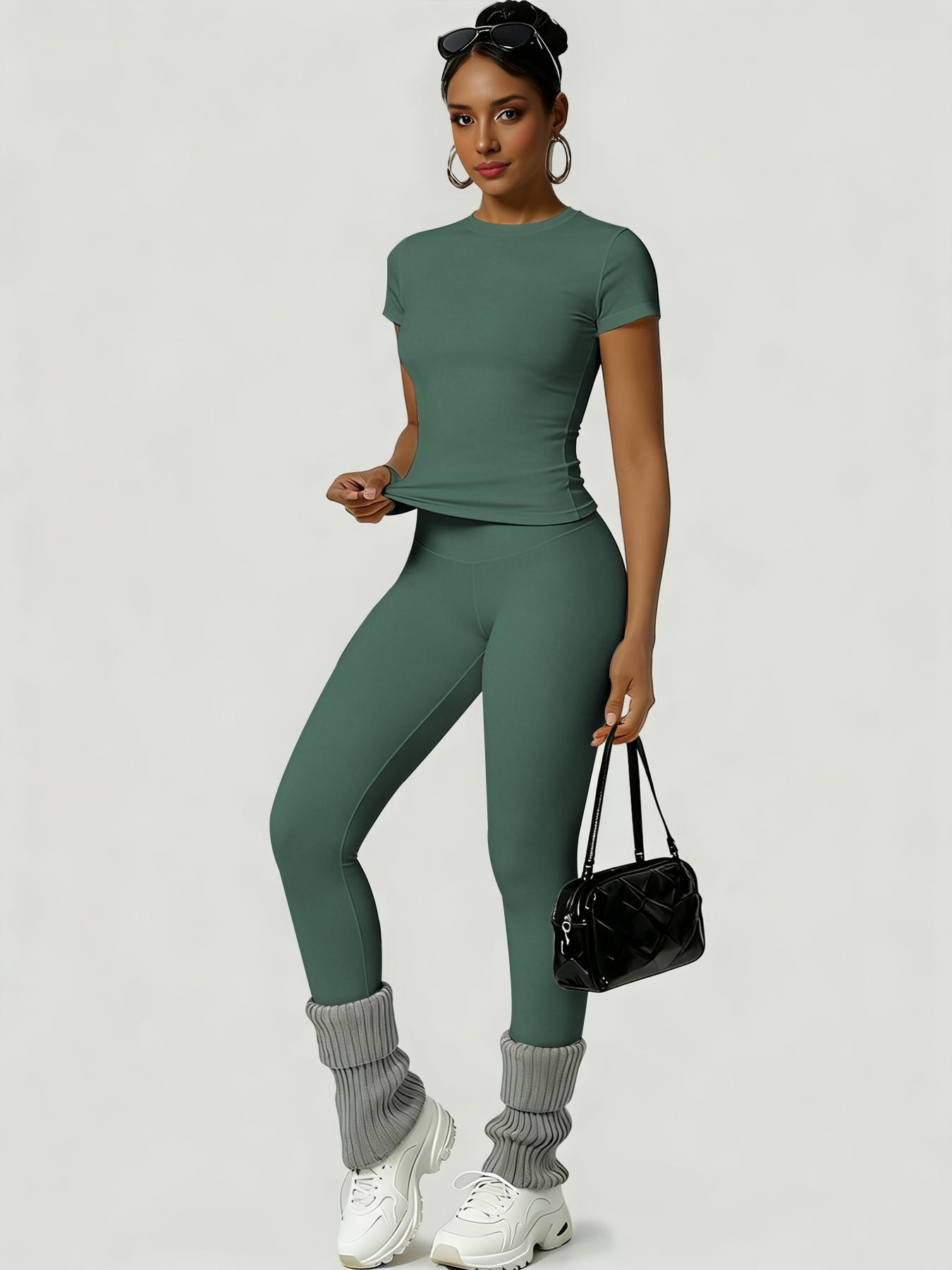 Women's Sportswear Set, Athletic Style Activewear, Slim-Fit Round Neck Short Sleeves & High-Waisted Yoga Pants, Ideal for Gym Running Outdoor Activities, Gym Sets