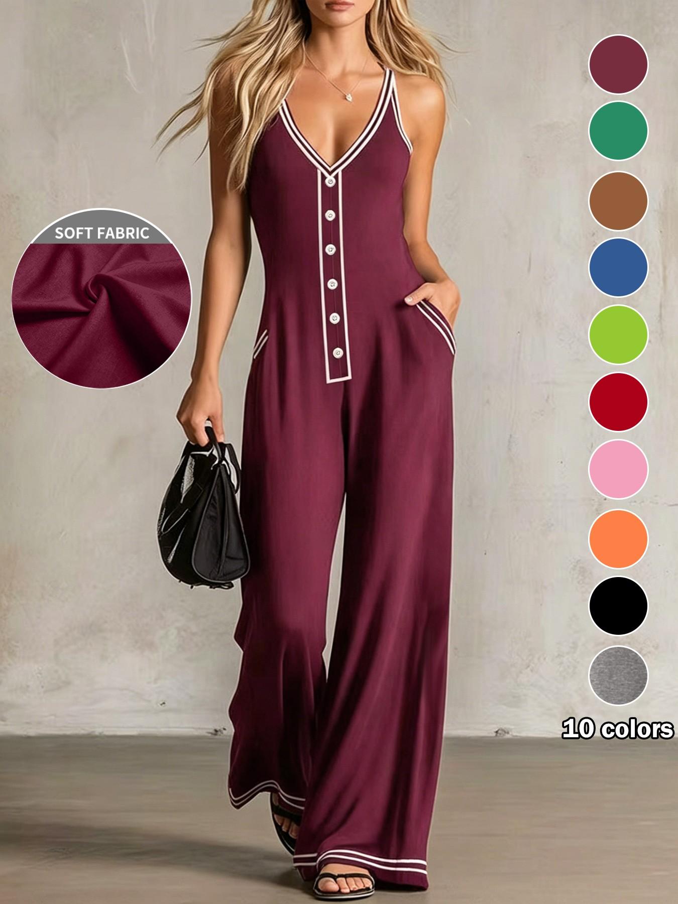 Plus Size Women's Strappy Sleeveless One-Piece Pants, Deep V Neck, Wide Leg, Pocket Design, Casual Summer Jumpsuits, Casual Office Wear, Casual Jumpsuit Overalls, Casual Comfy Jumpsuit, Comfortable and Slimming