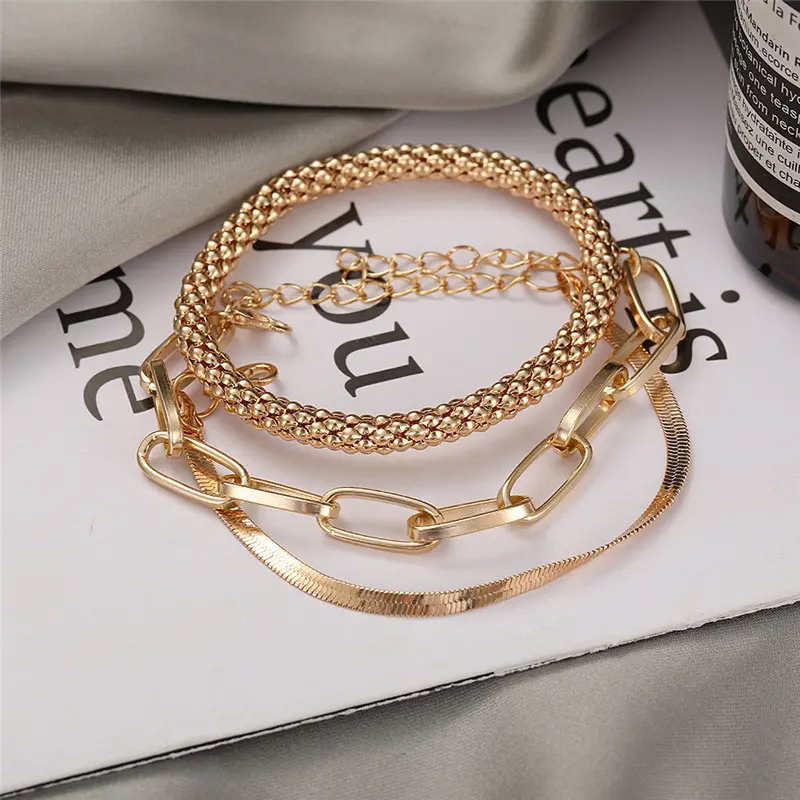 3Pcs Gold Chain Bracelet Set for Women Stackable Paperclip Layered Snake Links Chunky Bangle Statement Punk Jewelry Gifts Casual Daily Party Accessory
