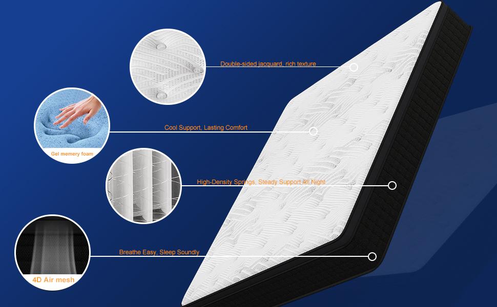 【Mrh】10,12,14Inch Twin, Full, Queen, King Mattress Memory Foam And Spring, Hybrid Mattress Medium Firm,Cooling Night Sleep, For School Dormitory Home Room Hotel ,Boxed Halloween Christmas Gift, Modern twin size mattress