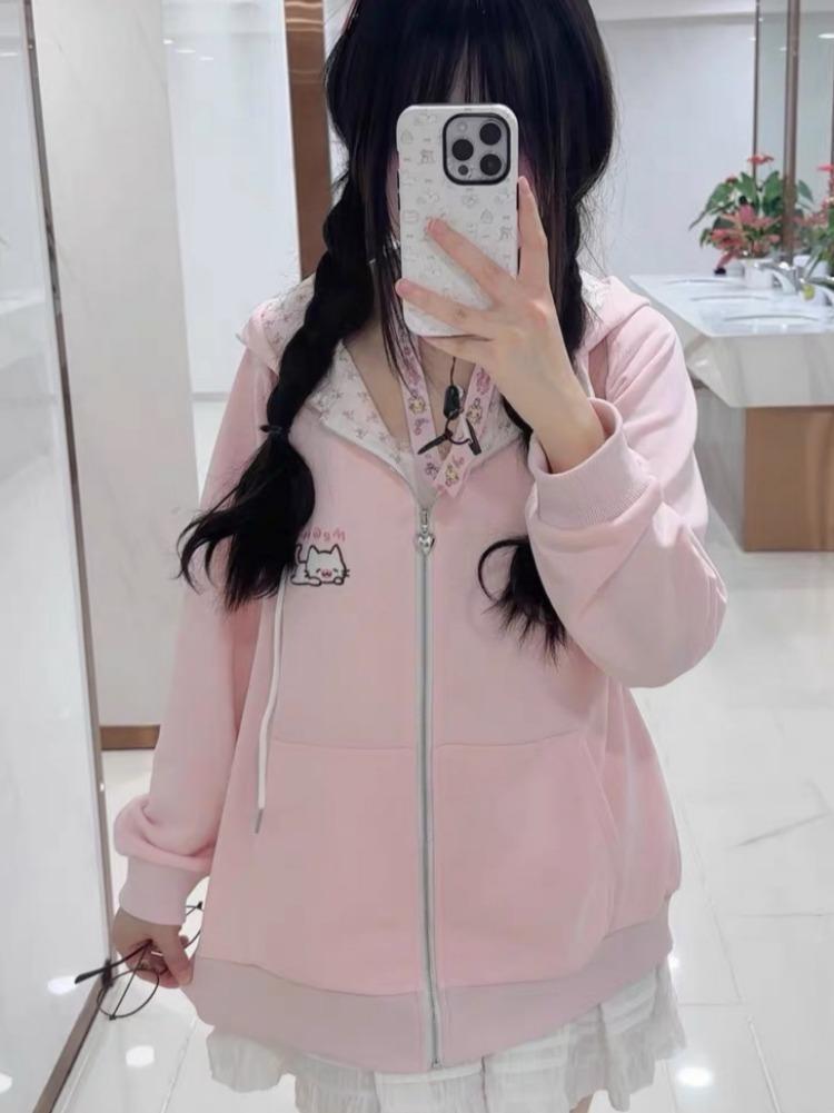 Japanese Pink Kawaii Cute Cartoon Embroidery Hoodie Women Y2k Aesthetic Patchwork Pocket Hoody Casual Grunge Zipper Sweatshirts