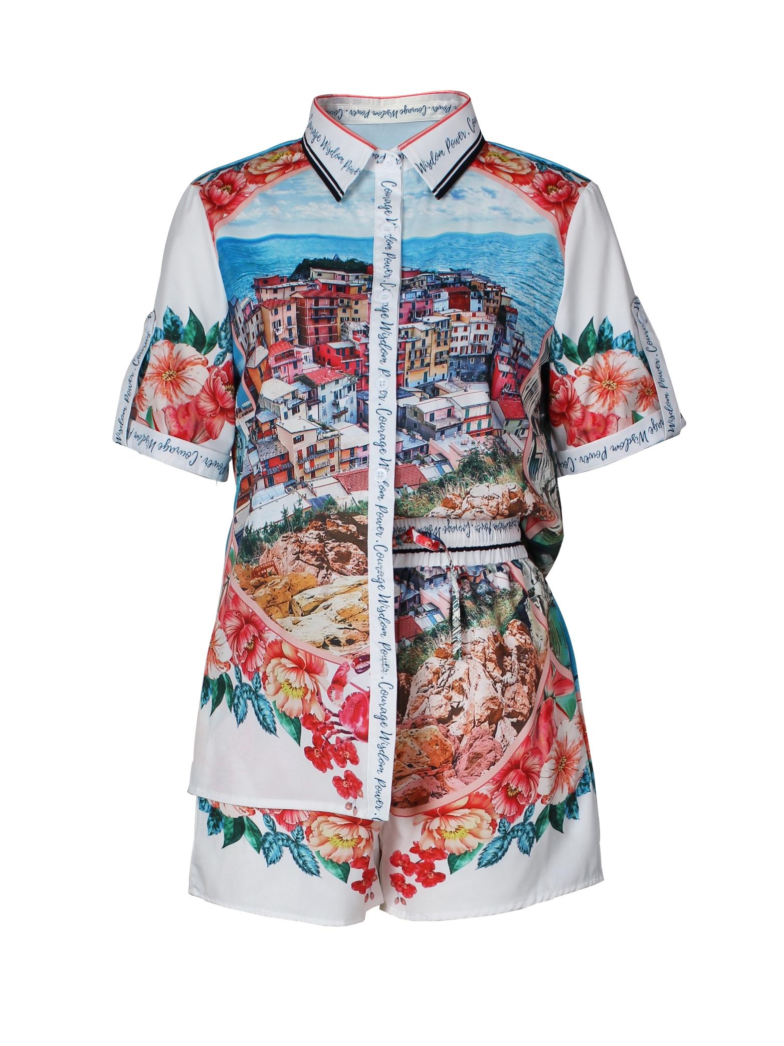 Women's 2 Piece Outfits Summer Floral Print 2 Pieces Shorts Sets for Women Button Down Short Sleeve Shirt and Casual Drawstring Shorts Beachwear Suit Floral City Short Set