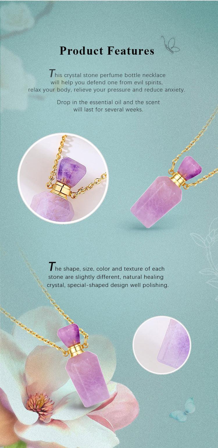 Crystal Perfume Bottle Pendant Necklace for Essential Oils and Fragrance, Unique Natural Crystal for Aromatherapy, Amethyst Healing Jewelry