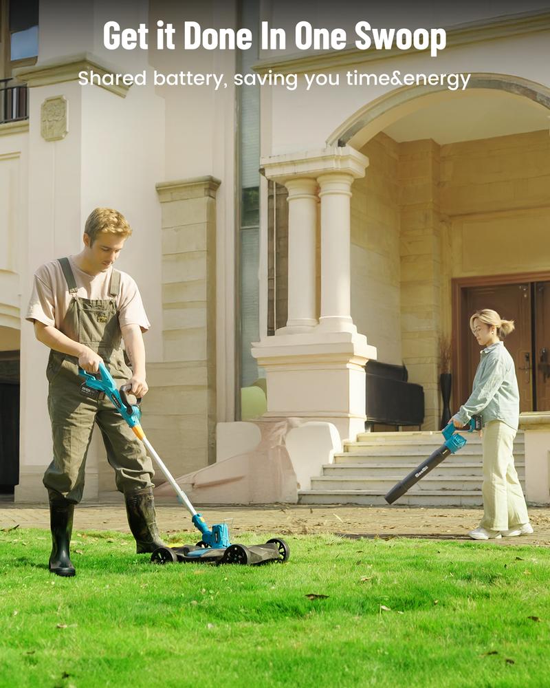 【Seesii】 Electric 12" Lawn Mower and Leaf Blower Combo Kit, 3 in 1 Cordless Weed Wacker Grass Eater with 1.3"/2.1" Height, Battery String Trimmer Rotary Handheld Blower with 5-Speed for Yard Lawn
