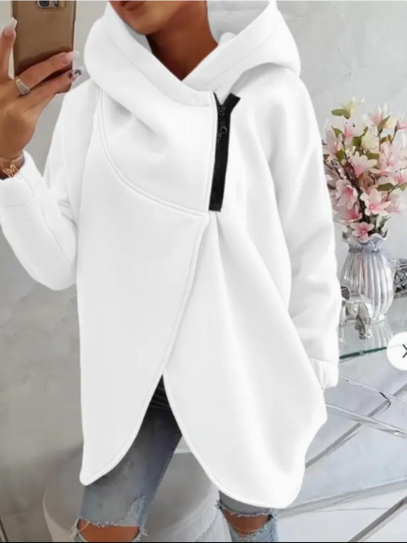 Women's Plus Size Hooded Sweatshirt, Full Zip Fashion Design, Asymmetrical Hem, Breathable Thick Fleece, Loose Fit Long Sleeve Pullover