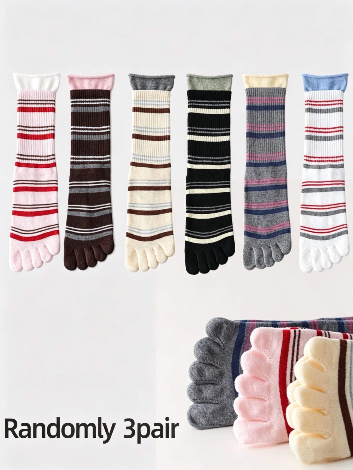 Women's Striped Five-Finger Socks, 3 Pairs Pack, Summer Comfortable Breathable High-Quality Cotton, Mid-Calf Socks for Women