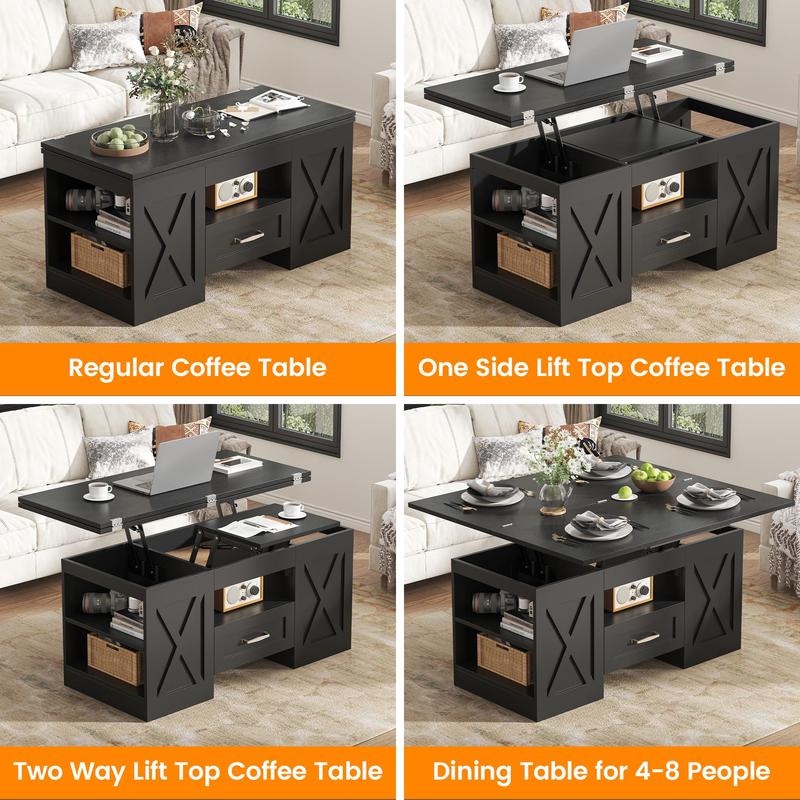 39.37" Large Wooden Farmhouse Coffee Table with Drawer & Open Storage Shelves, Lift Top Coffee Table, Rectangular Living Room Table, Center Table for Living Room, Home Office