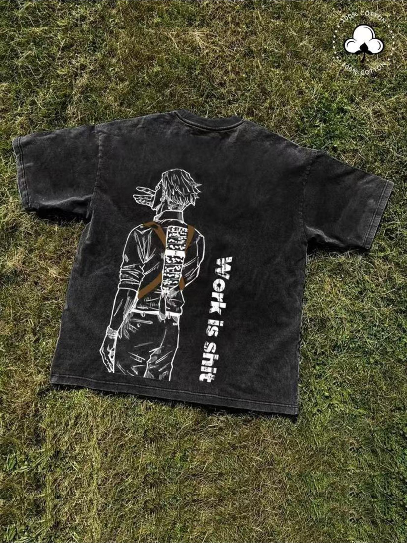 Unisex's Anime Character Print Round Neck Graphic Tee, Regular Fit Casual Street Short Sleeve T-Shirt for Daily Wear, Unisex Top for All Seasons, Man