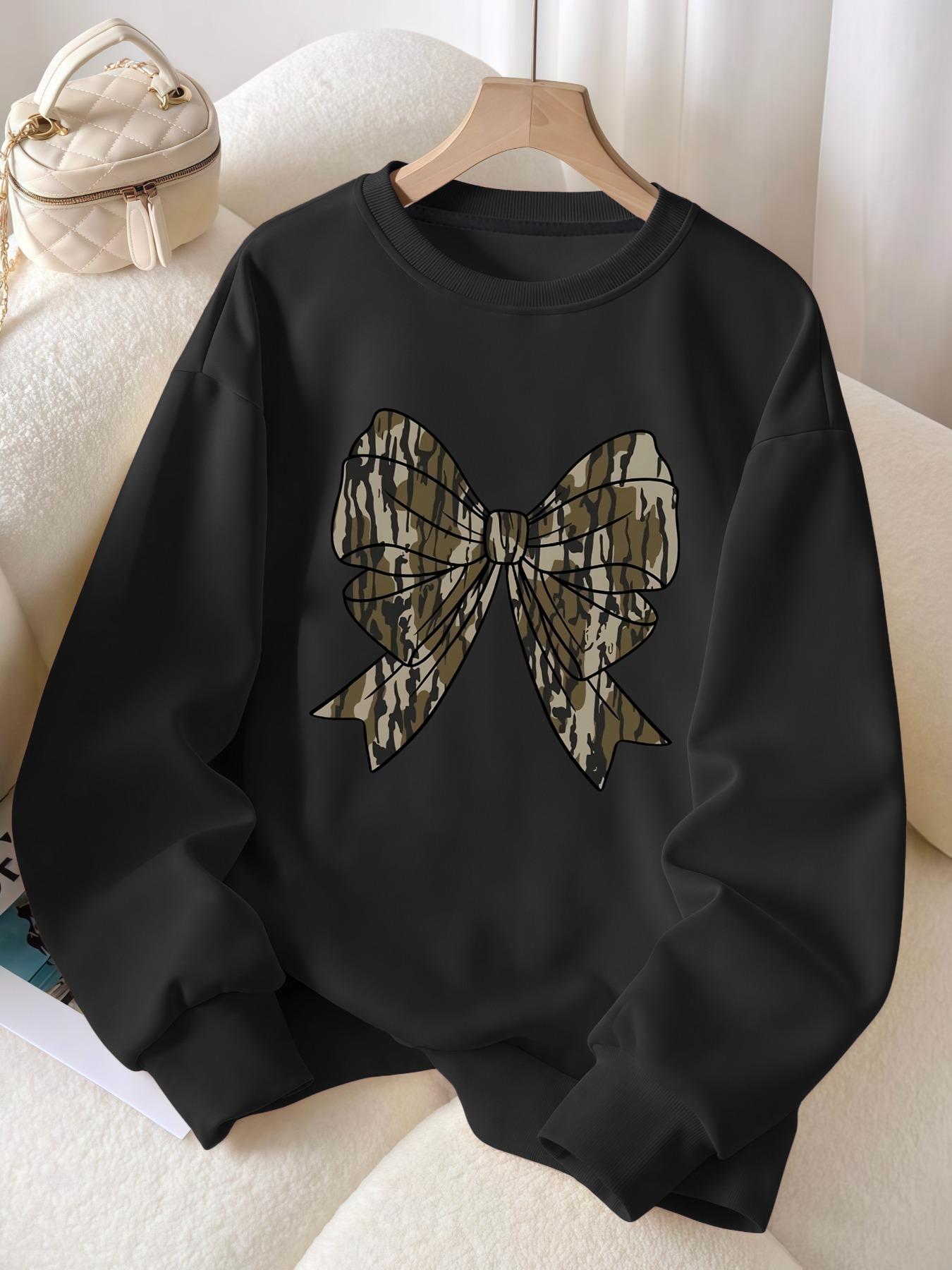 Women's Camo Bow Print Loose Fit Round Neck Sweatshirt, Fall & Winter Sporty Style, Casual Camouflage Pullover Top