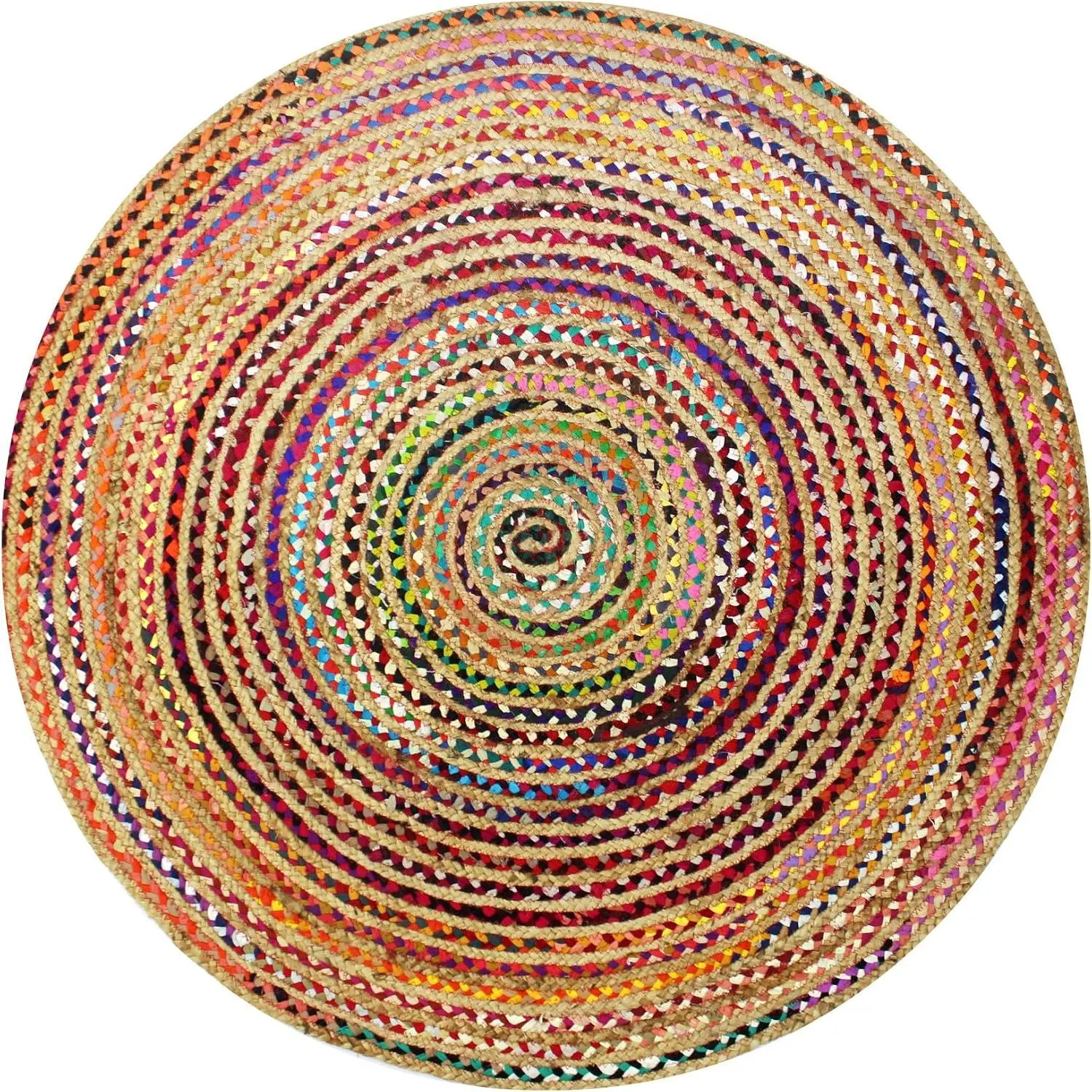 Round Flannel Rug COTTON CRAFT Jute Chindi Braid Rag Rug - 3 Feet Round Multi Color Area Rug |   Handwoven Reversible Jute & Natural Recycled Cotton Boho Farmhouse Rustic Area Accent Rug - Living Room Carpet Home Décor
