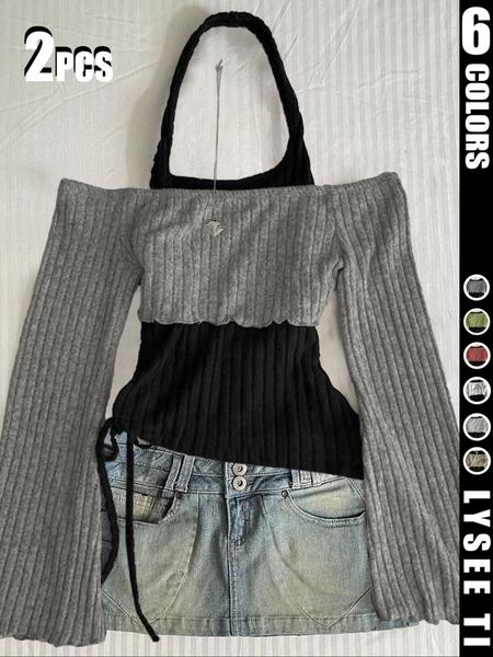 2PCS Fashion casual women's contrasting neck hanging solid color top two-piece set