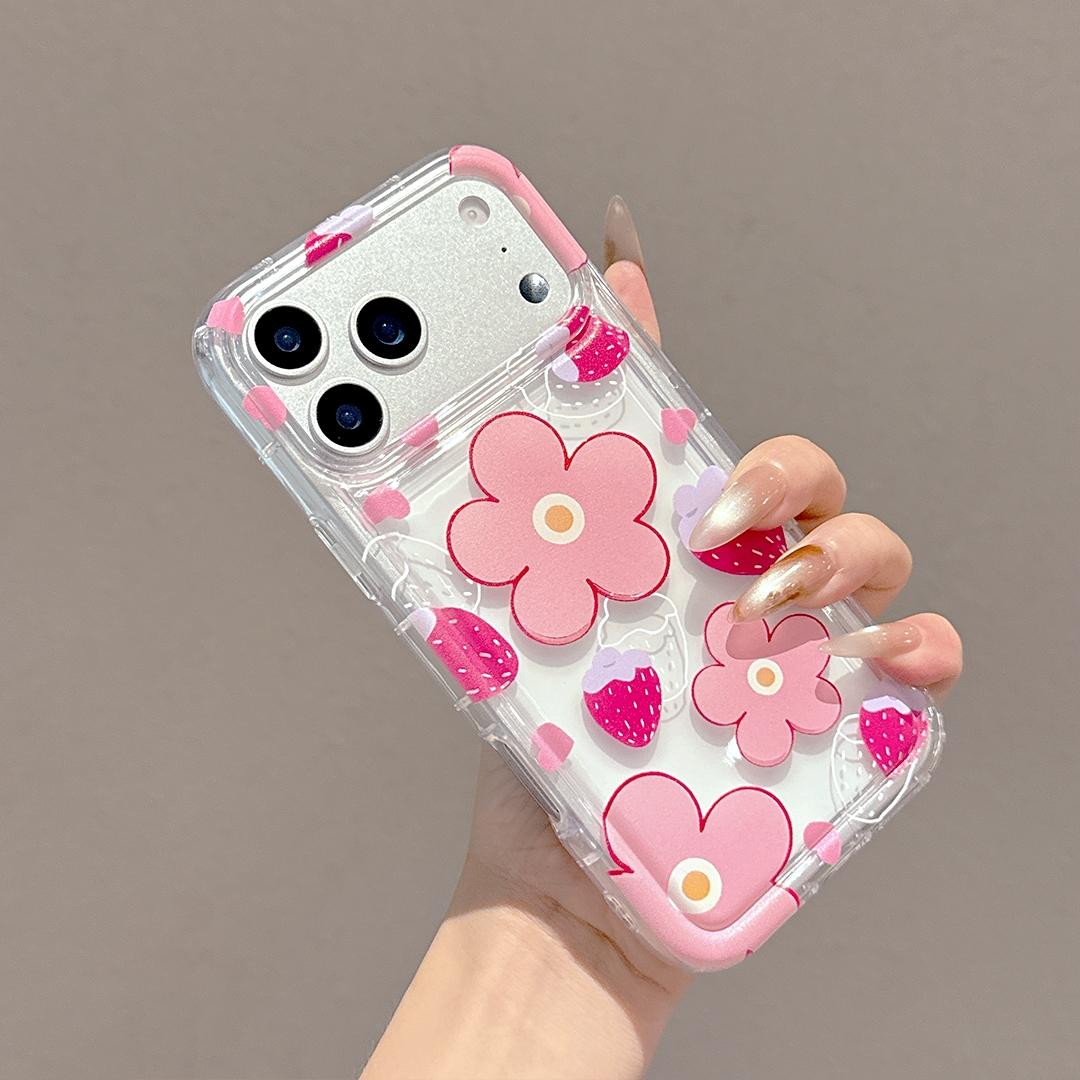 Fashion Strawberry Floral Design Transparent Air Cushion Anti-Drop Protective Phone Case, Compatible with iPhone 17/16/15/14/13 Series