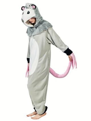Cute Opossum Onesie Pajamas Adult Halloween Cosplay Christmas Novelty Nightwear Carnival Costume Fit Animal  Womenswear Pockets Winter Polyester