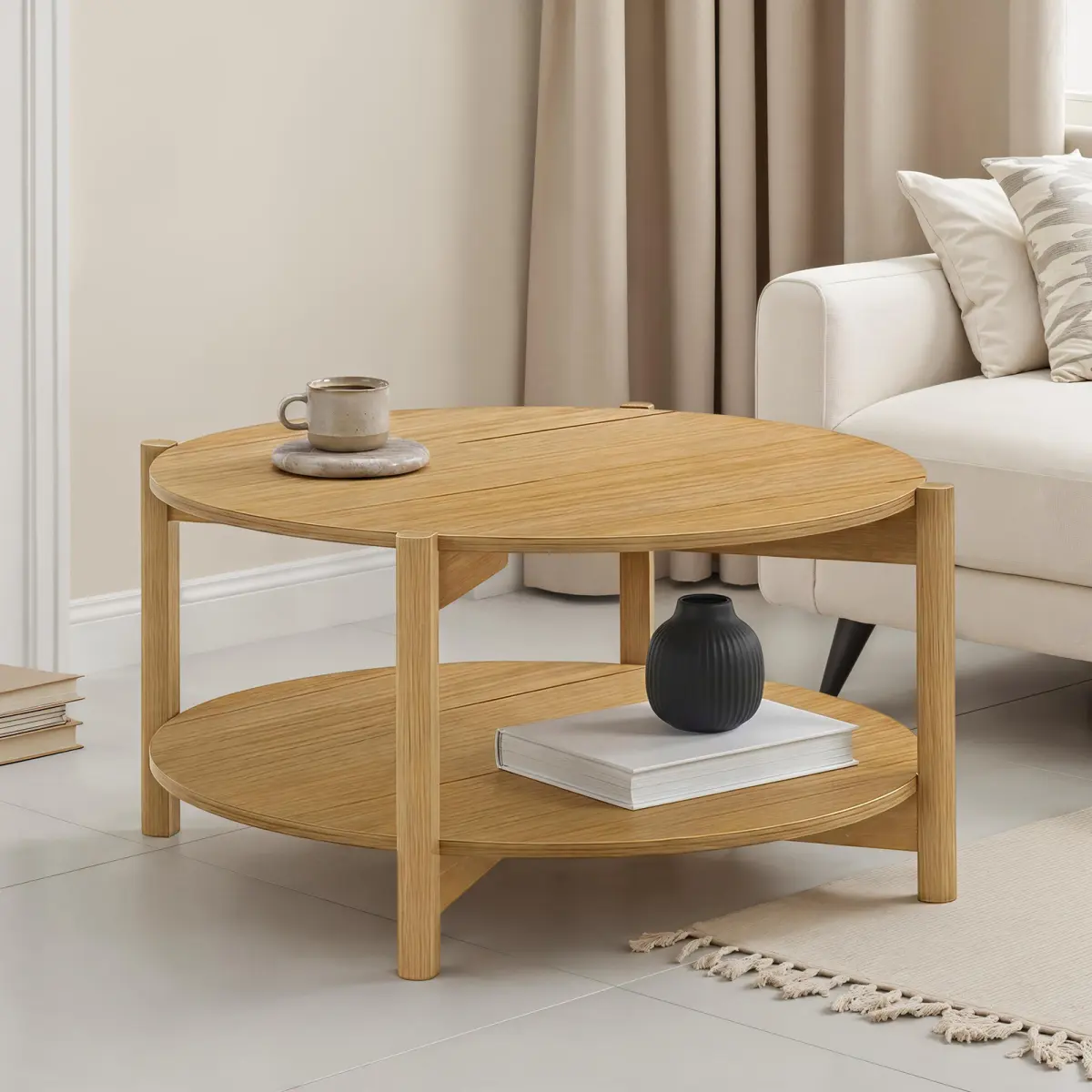 Natural Finish 1pc Coffee Table Open Bottom Shelf Transitional Living Room Furniture