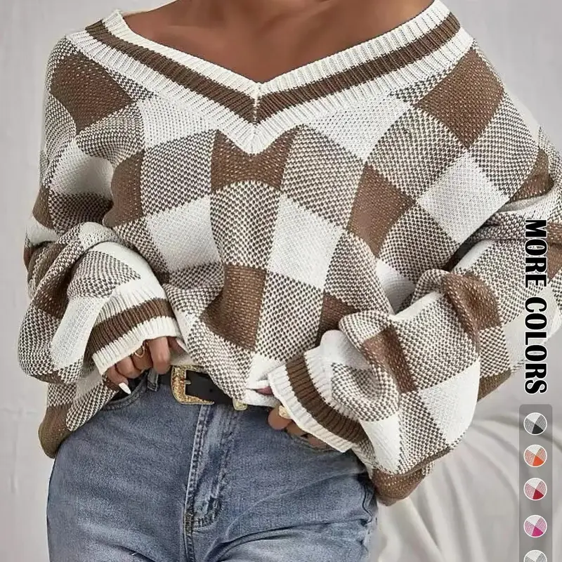 Women's Plaid Print Batwing Sleeve Sweater Tops, Casual Deep V Neck Long Sleeve Jumper for Fall & Winter, Women's Knitwear for Daily Wear