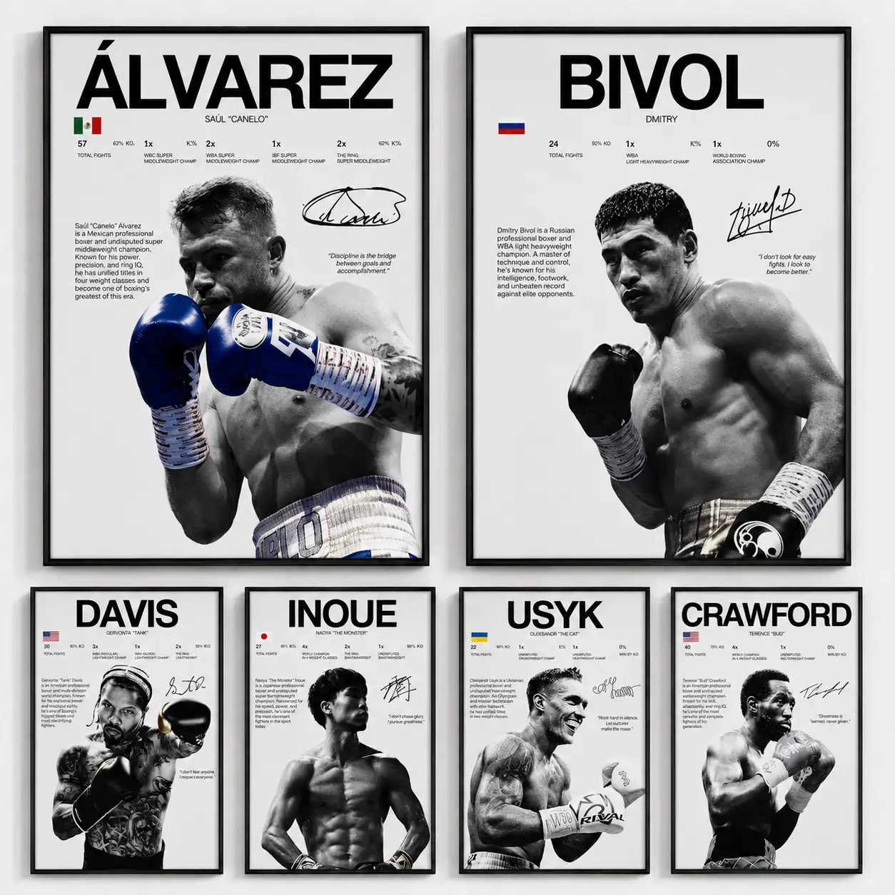 Layered Boxing Athlete Portrait Poster Set - Alvarez, Inoue, Usyk, Crawford, Bivol, Davis Artistic Bedroom Art, Cool Room Decor, Man Cave Decor, Room Inspo for Home Gifts for Boxing Fans