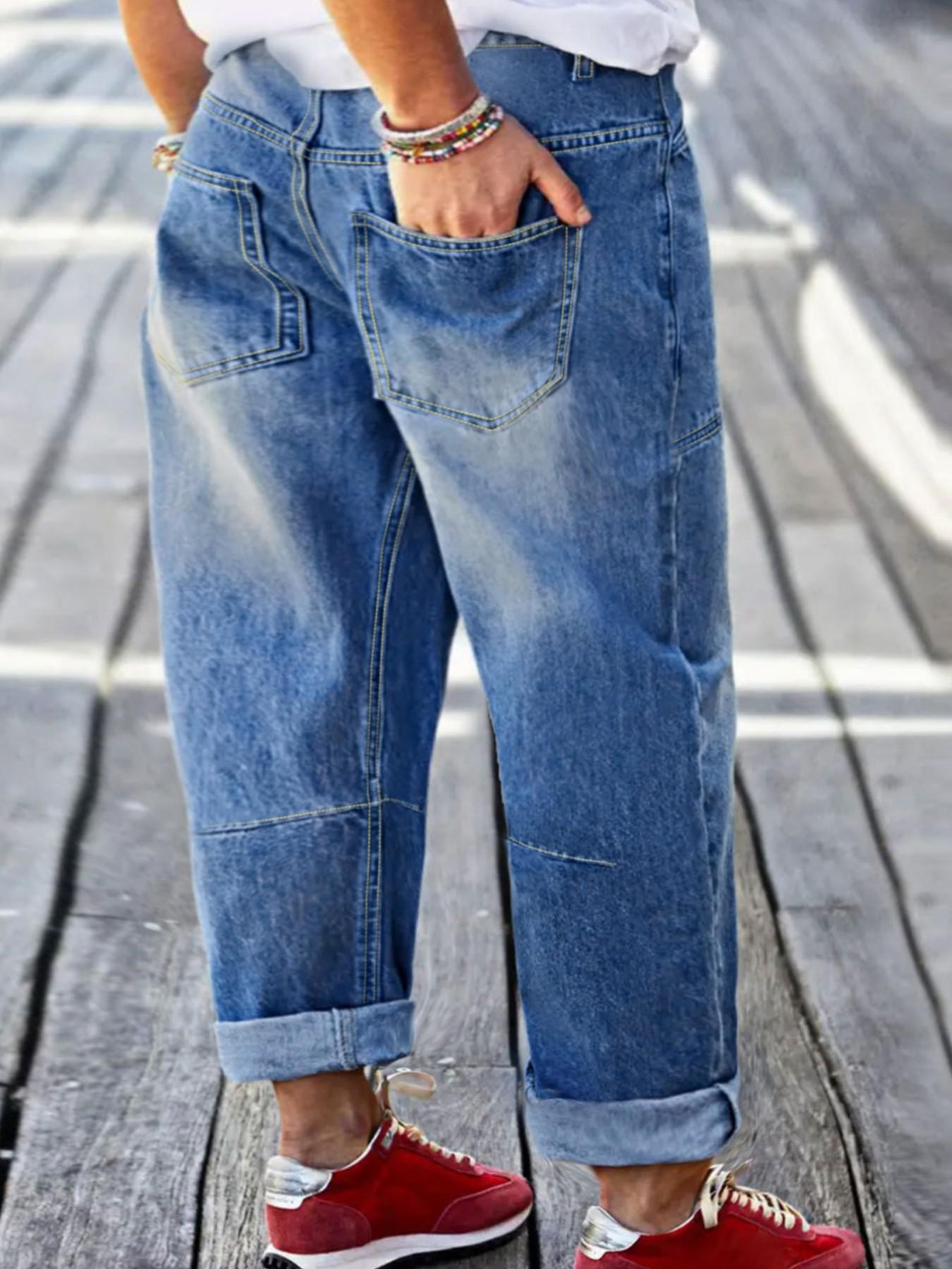 Plus Size Light Wash High Waist Denim Jeans, Relaxed Cuffed Cropped Baggy Pants, Vintage Coastal Casual Utility Wear for Women