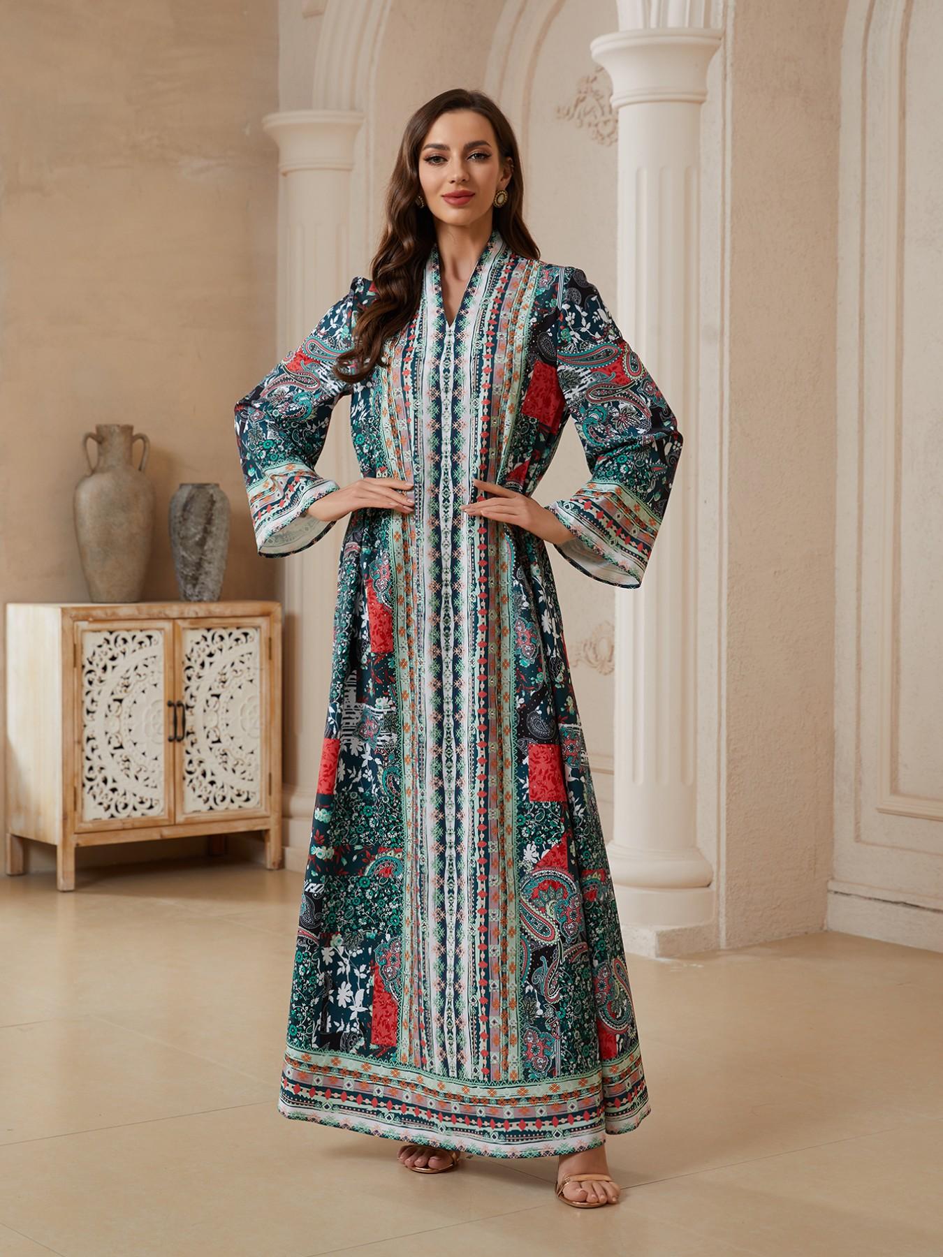 Middle Eastern Ramadan Eid Abaya, Ink Colorblock Cashmere Flower Long Robe, Dubai Style Luxury Kaftan Evening Gown