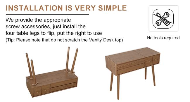 【Eco-Friendly】Elegant Handicraft Vanity, 100% Solid Wood - NO MDF, with Mirror and Lights, Dressing Vanity Table, Large Wooden Make Up Vanity Table for Bedroom (with Adapter)