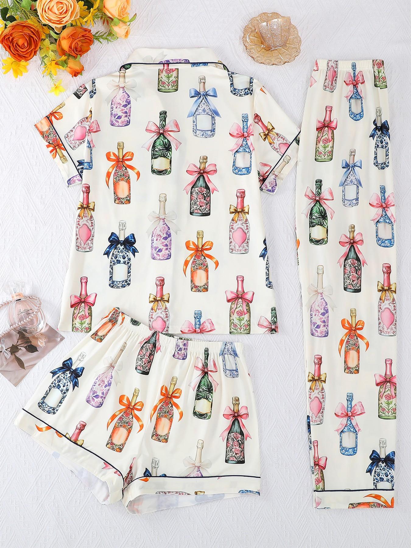 Three Pieces Pajama Set, Casual Women's Sleepwear, Cartoon Print, Fitted, All Seasons, Short Sleeve Top and Comfortable Pants