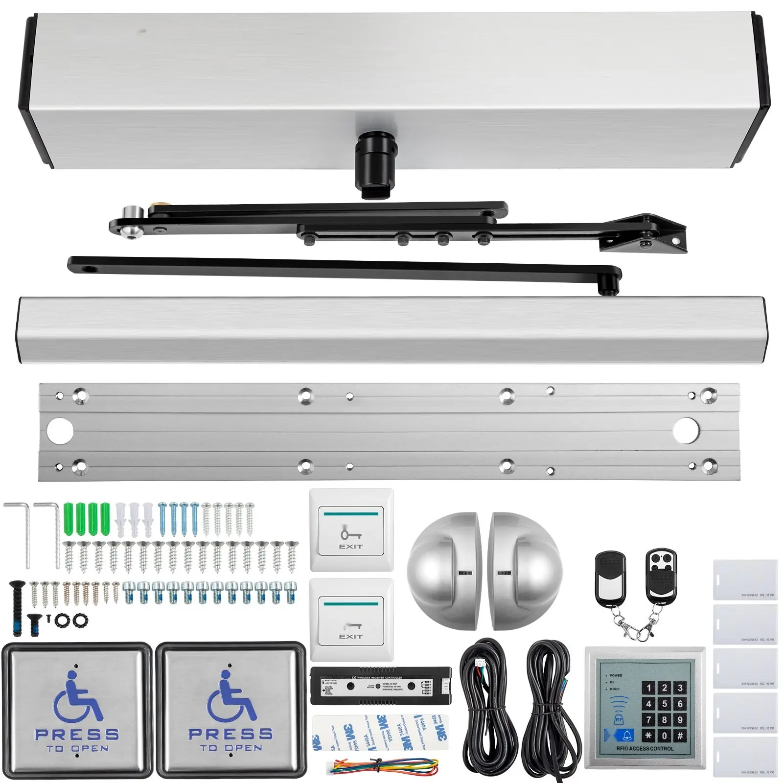 Automatic Door Opener System for Swing Doors, 100-240V, Supports Doors Up To 220 Lbs, ADA Compliant Disability Access, Includes Wireless Remotes, Exit Buttons, Keypad, Five ID Cards, Two Stainless Steel Push Buttons, CE Listed