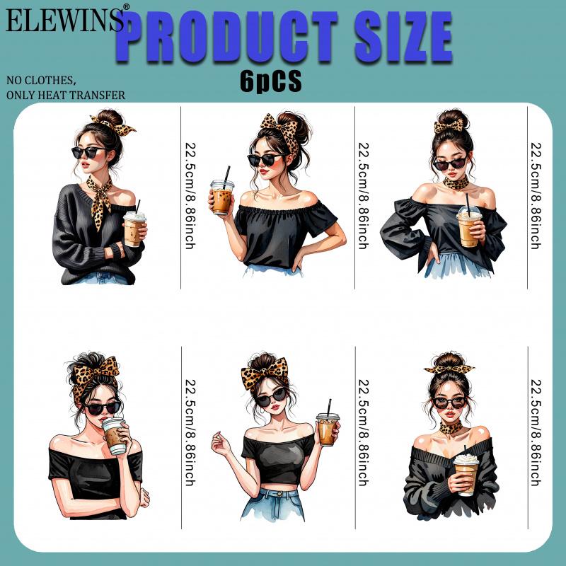 6Pcs Coffee Girl Hot Stamping DTF Transfer Film DIY Material for Tshirt Hoodie Jeans Backpack Pillow Machine Washable Heat Transfer Vinyl for Men Women DIY Craft Supplies