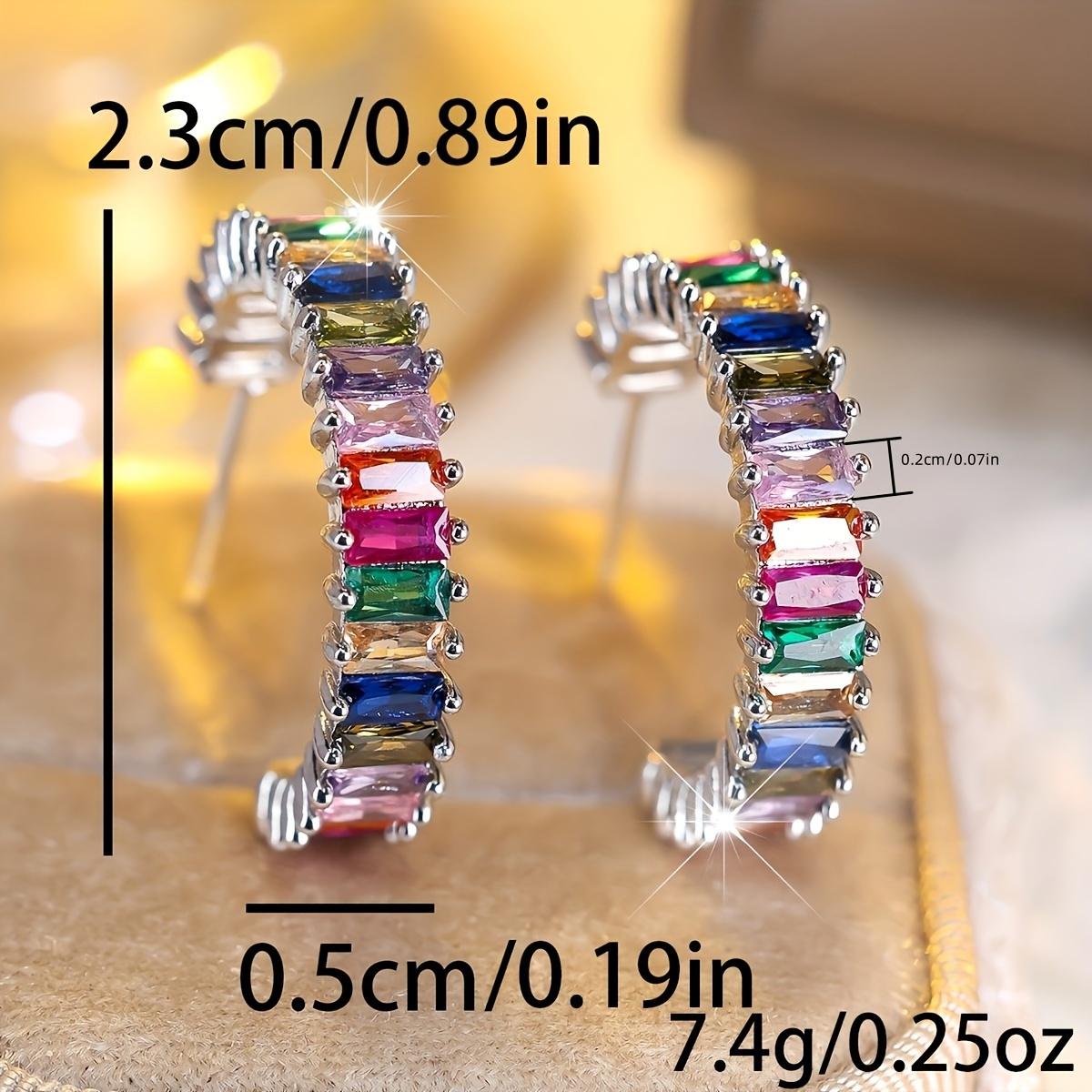 Women's Silvery-Plated Multicolored Rainbow Cubic Zirconia Baguette Cut Open Hooped Half Hoop Earrings, Lightweight Female Everyday Wear Costume Jewelry