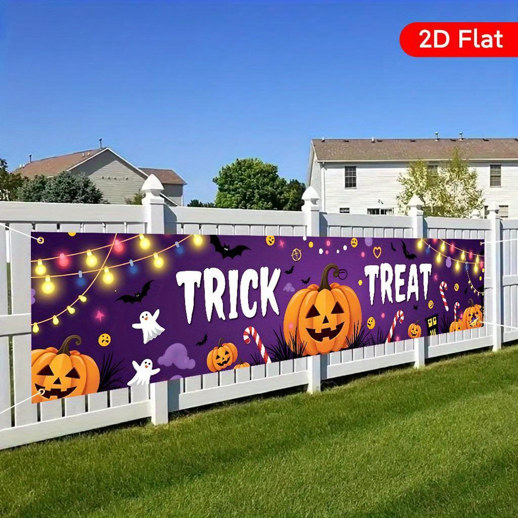 1Pcs 17.7x78.7IN 2D Flat Large Halloween Banner - Porch Fence Garden Yard Balcony Patio Door Backdrop - Durable Polyester with Pumpkin Bat Design - Indoor Outdoor Easy Hang Party Decor for Birthday Wedding Anniversary Fall