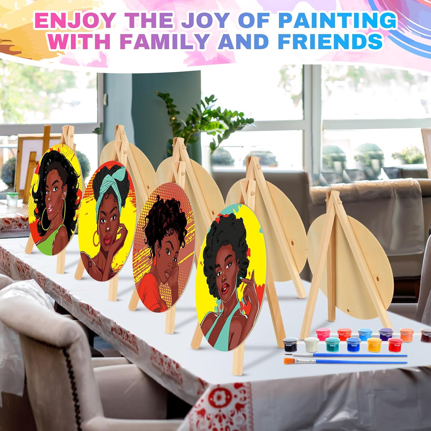 72 count Black Girls Round Pre Drawn Canvas Kit 5.9"  and Sip Kit for Adults Painting Party Pre Printed Canvas DIY with Pictures Paints Easels Brushes for Party Gifts
