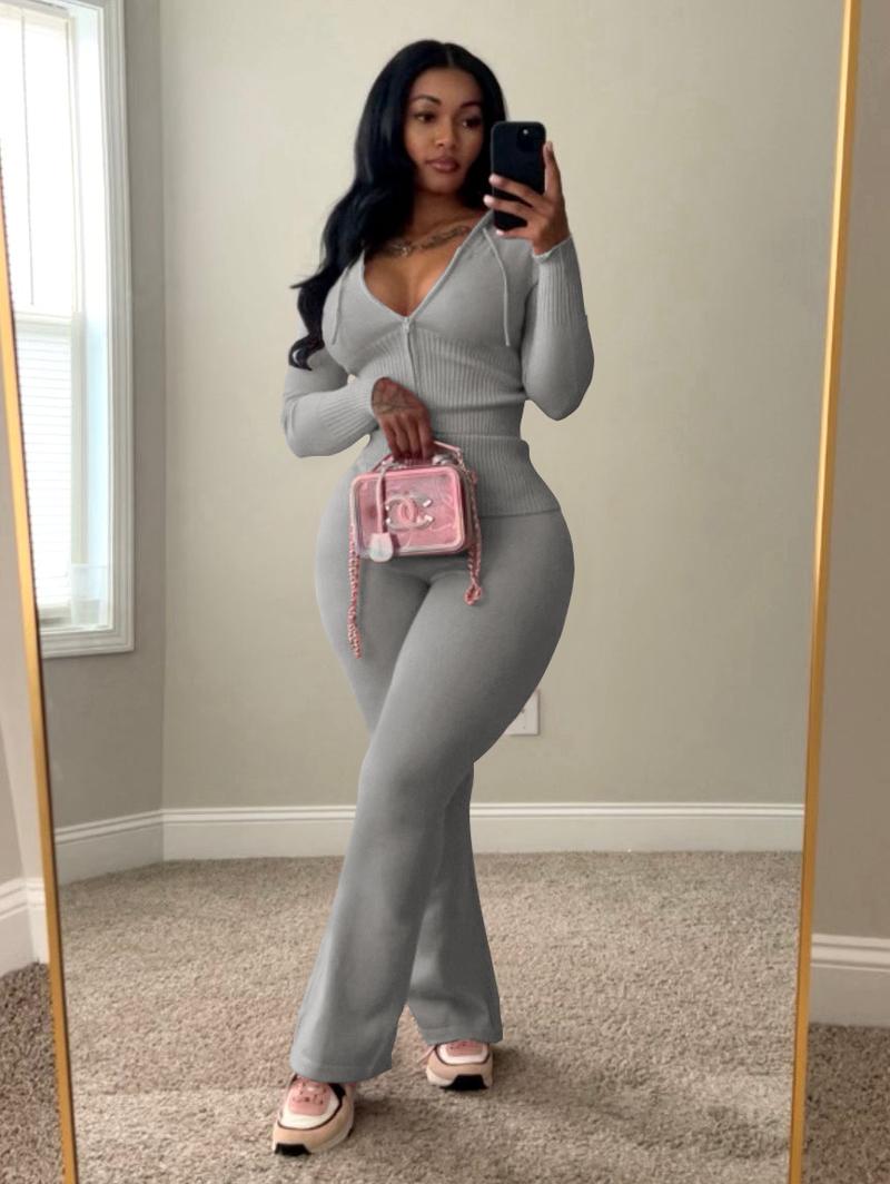 USBoutique Chic 2pcs Sweatsuit for Women-Yellow Zip-Up Hoodie with Pockets & Flare Yoga Pants, Trendy Lounge Set, Casual Fall/Winter Outfit, Athleisure Wear Clothes TopWomenswear