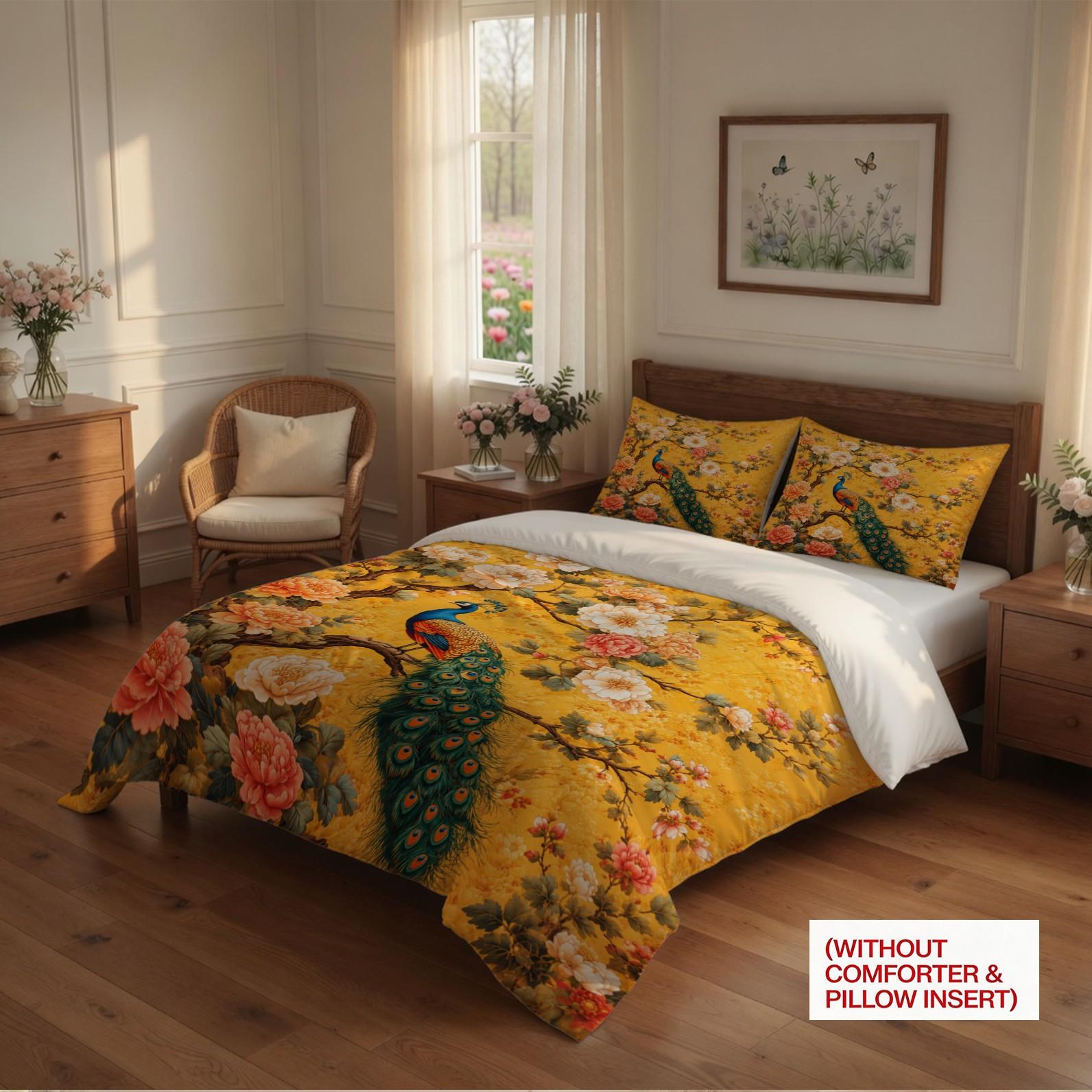 Peacock & Peony Duvet Cover Set, 2/3 Pieces (1 Duvet Cover + 1/2 Pillowcases, No Inserts Included), Vintage Oriental Floral Print, Soft & Breathable Bedding, Suitable for Adults' Bedroom Decor and Home Use for Chinese Style Lovers