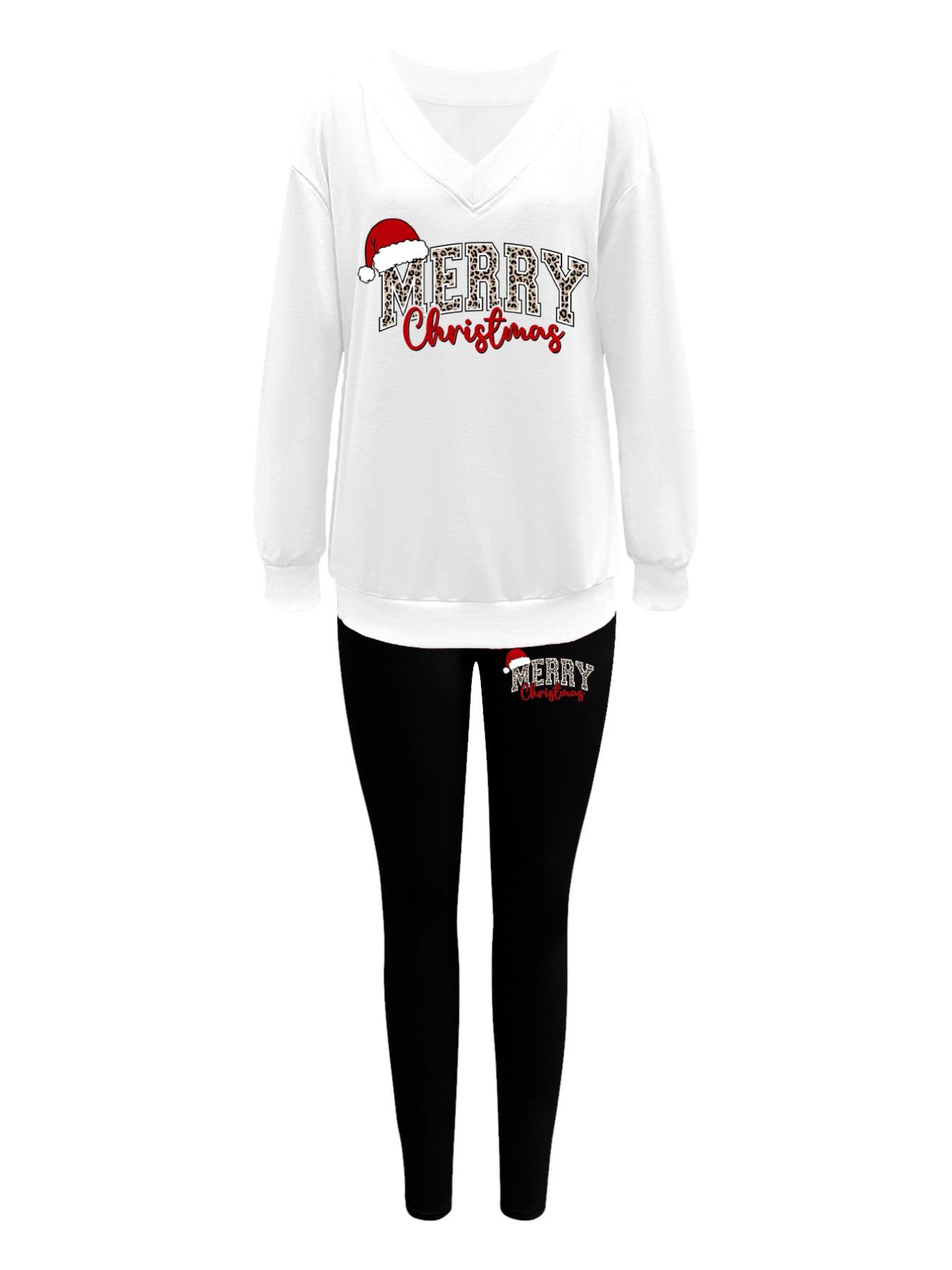 Women's Christmas Print V-Neck Long Sleeve Hoodie Set, Fitted Skinny Pants, Casual Fall & Winter, Multi Color Options, Matching Clothing Set