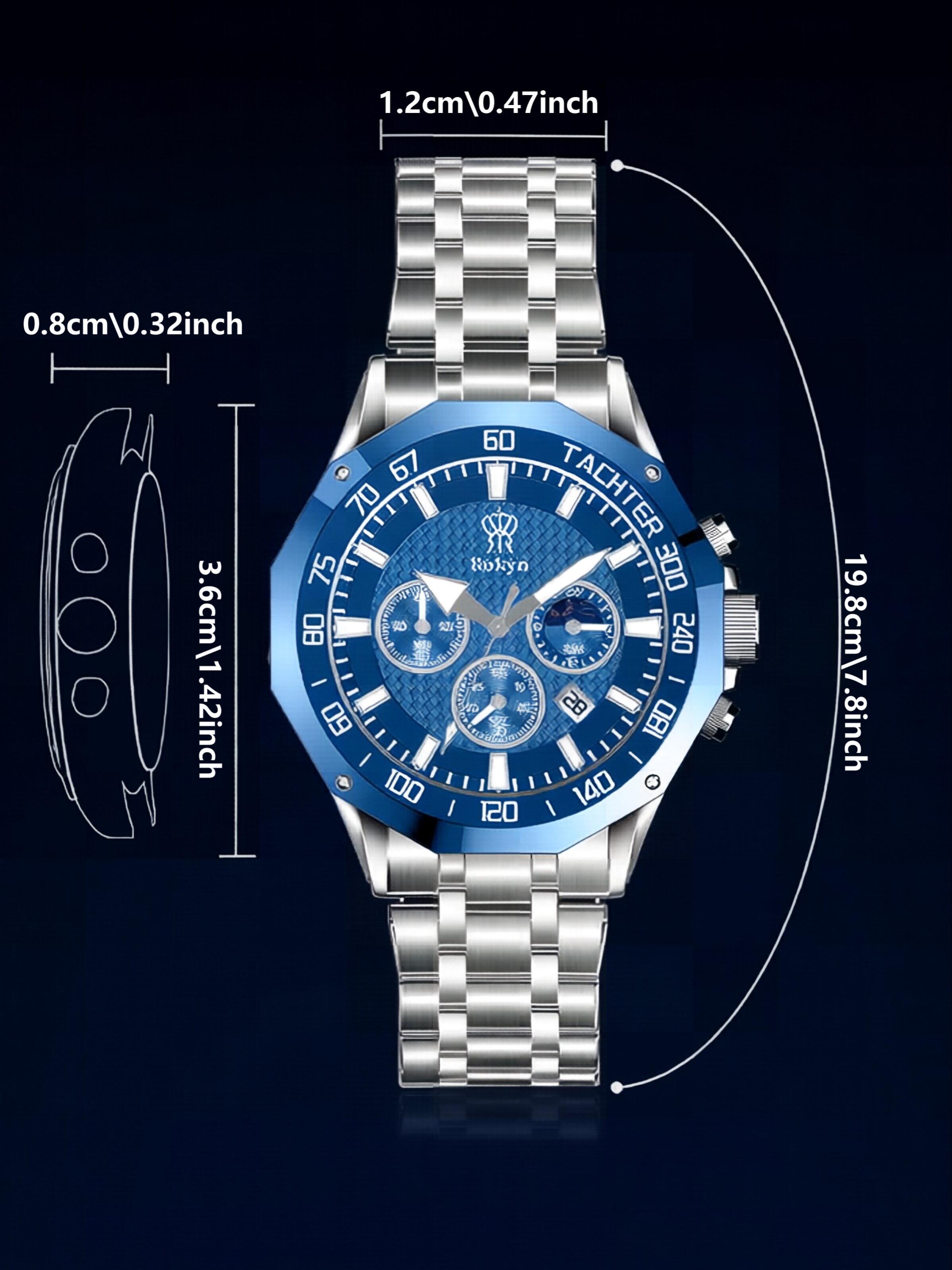 Rokyn Multifunctional Steel Band Quartz Watch, Waterproof Night Glow Moon Phase Timer, Men's Three Eye Six Needle Wristwatch