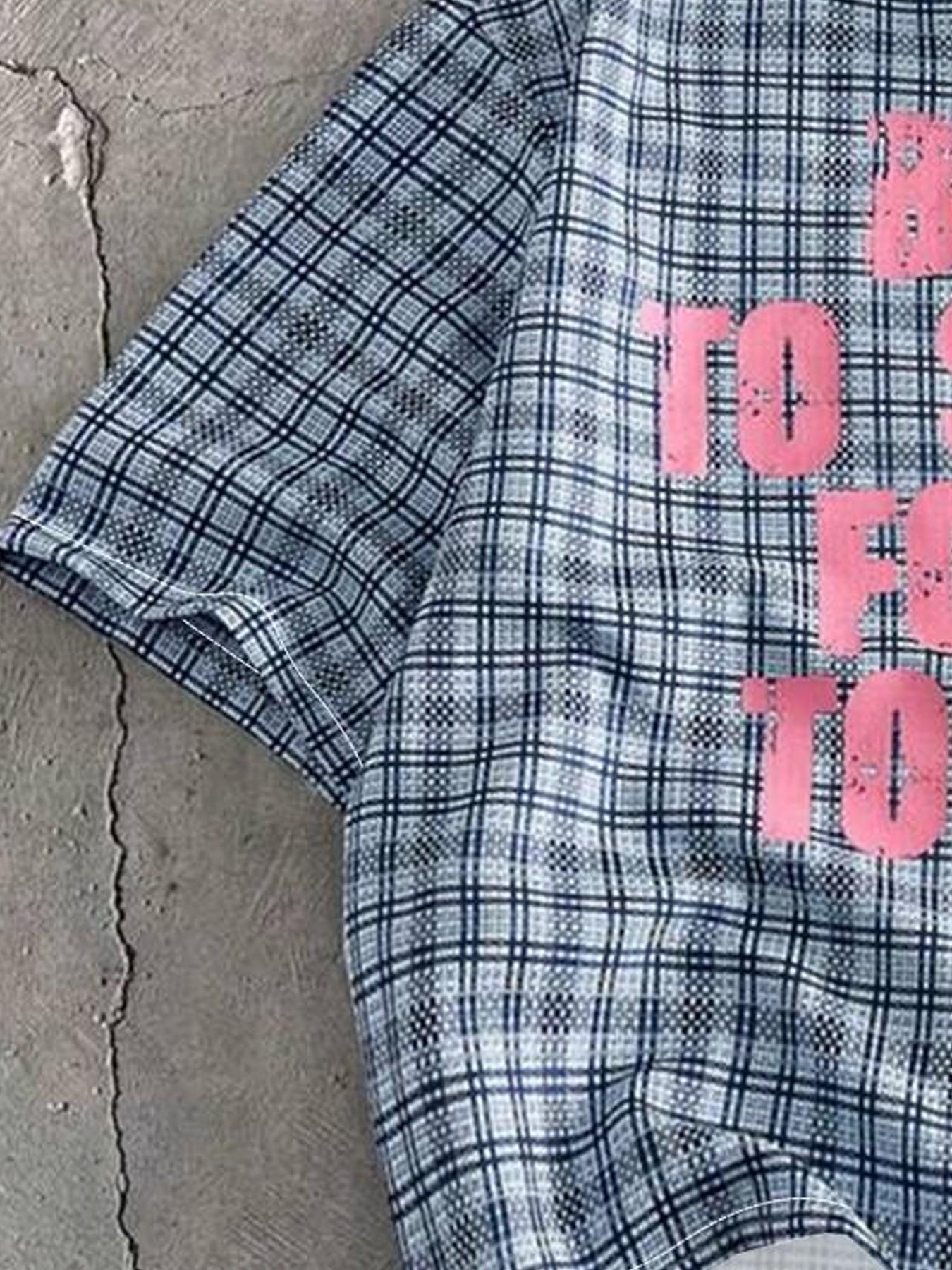 Blue Plaid Short Sleeve Shirt, Slogan Letter Print, Loose-Fit Y2K Street Style, Summer Casual for Daily Wear