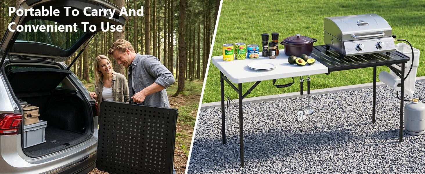 5ft Folding Table for Picnic Camping, Portable Outdoor Table with Metal Grid Grilling Surface, Heavy Duty Foldable Table for Cook Prep,Suitable for Camping, Backyard, Patio and Beach