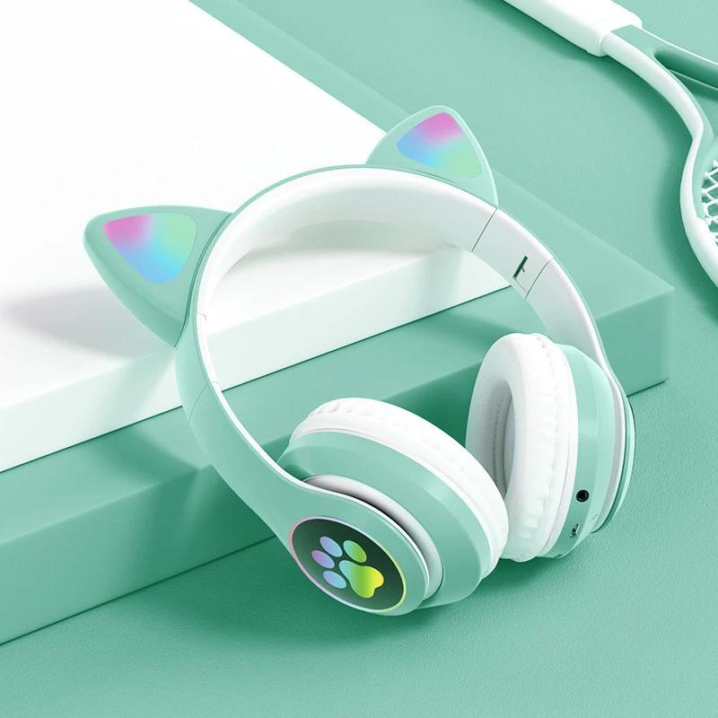 Flash Lamp Cute Cat Ears Headphone Bluetooth5.0 Stereo With Mic Support TF Card Wireless Kids Girl Earphone Birthday Gift btheadphones