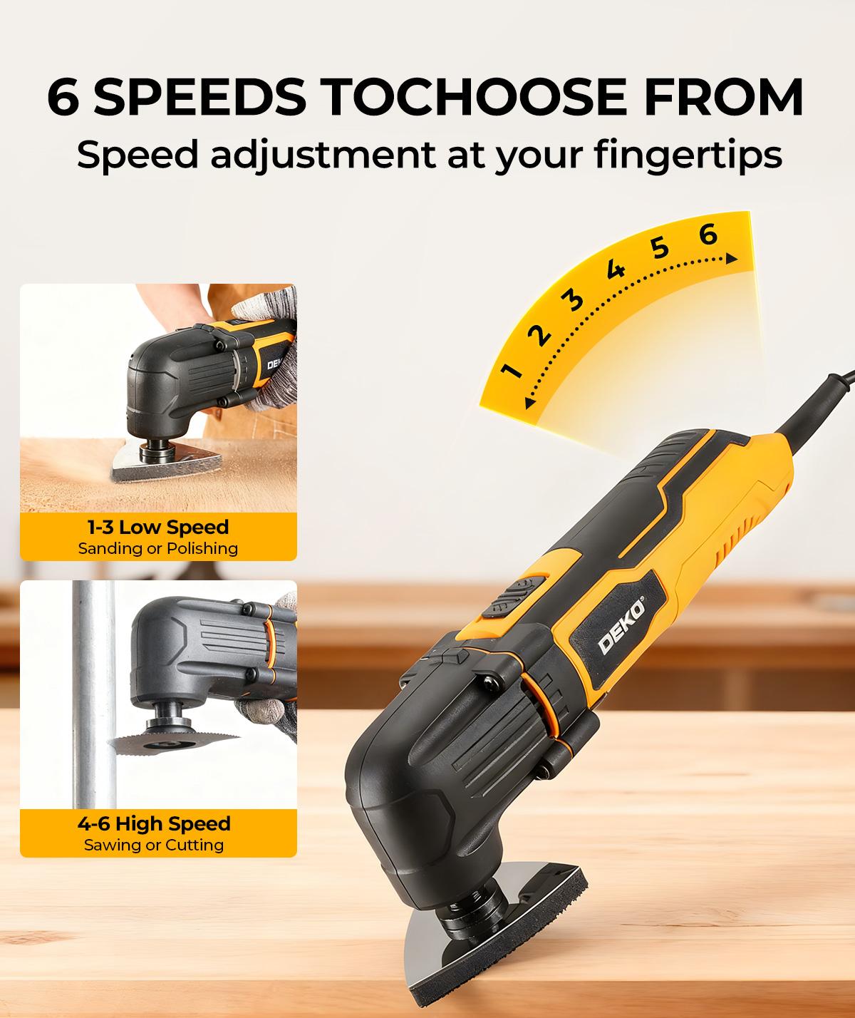 DEKO 300W/2.5A Corded Oscillating Tool With 10 Sandpapers Grinding Pads Wrench 1-1/4 Inch End Cutting Blade 6 Adjustable Speeds Up To 22,000 RPM 120V Multi-Function Saw For DIY Home Renovation Cutting Sanding Polishing Scraping