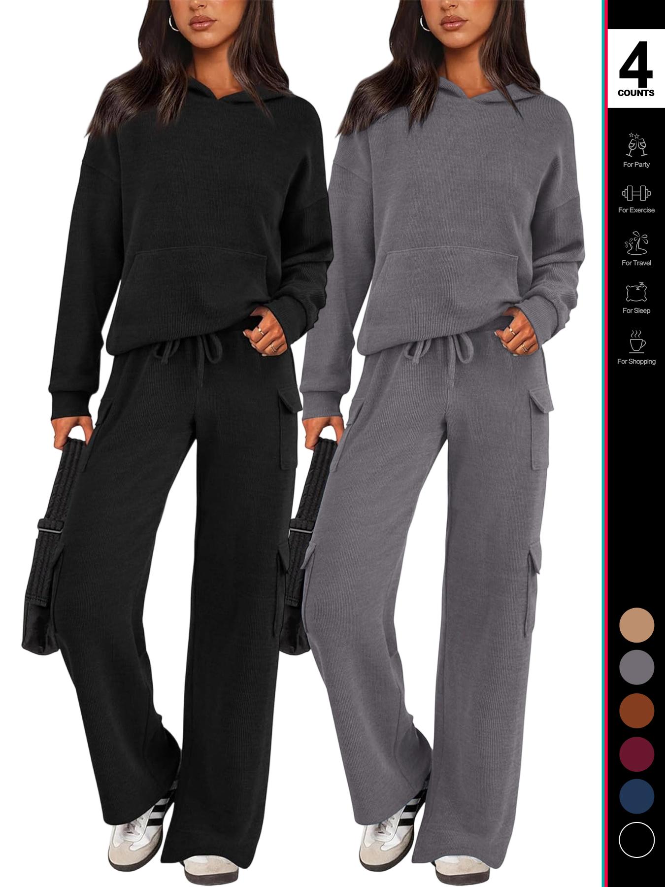 2026 Womens Fall Outfit 2-Piece Knitted SetsHoodie Tracksuits Wide Leg Pants With Pocket AndDrawString Long Sleeve Hooded Kangoroo Pocket TopsKnitwear Sporty Casual Loungwear, Womenswear Travel Outfit