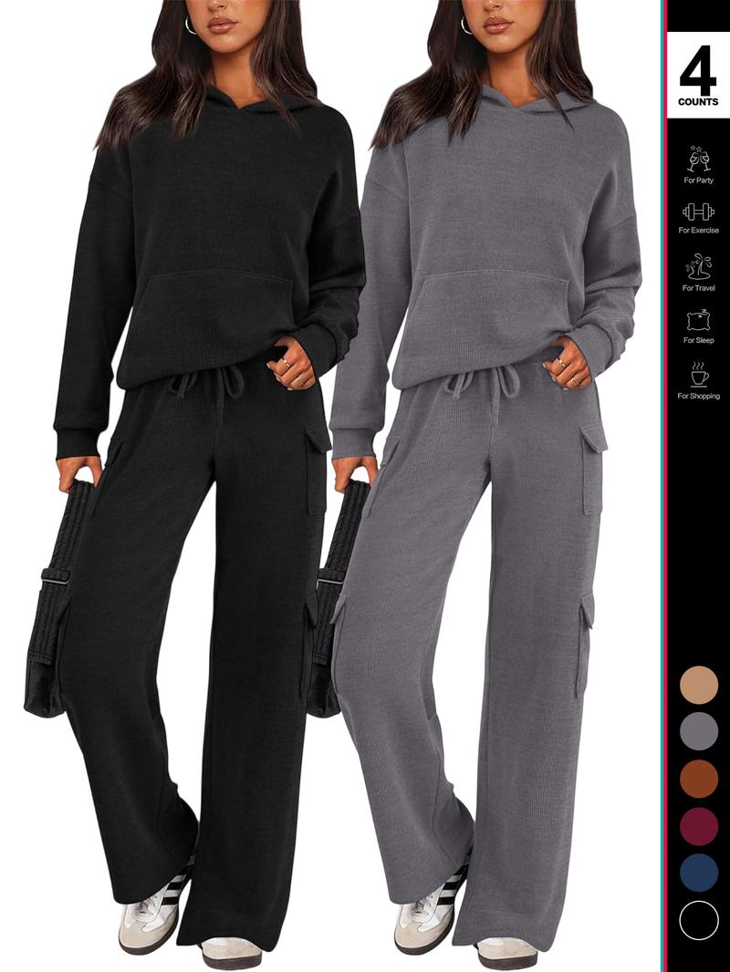 2026 Womens Fall Outfit 2-Piece Knitted SetsHoodie Tracksuits Wide Leg Pants With Pocket AndDrawString Long Sleeve Hooded Kangoroo Pocket TopsKnitwear Sporty Loungwear, Womenswear Travel Outfit