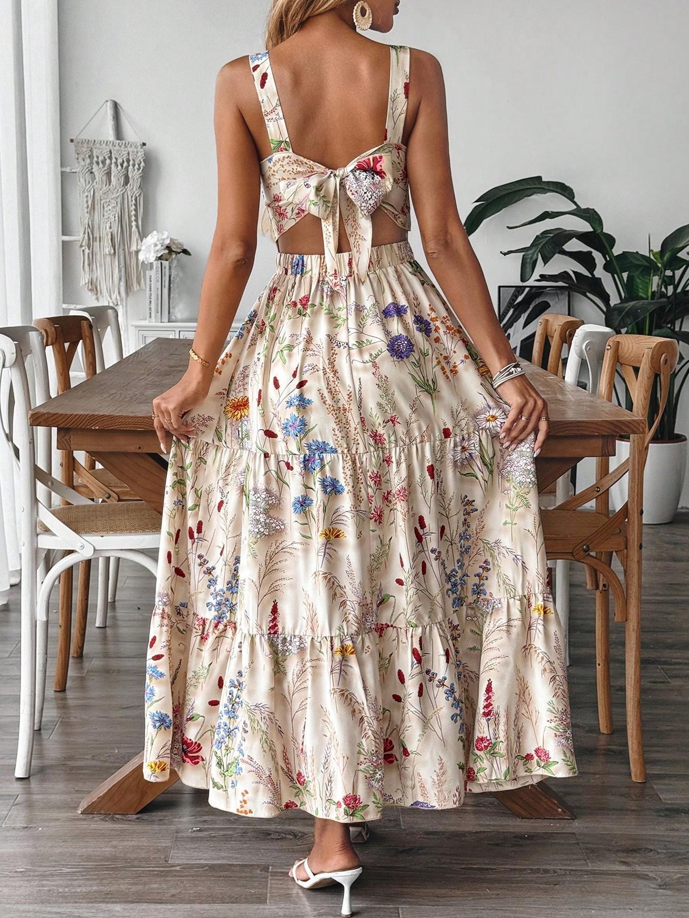 Women's Floral Print Backless Dress, Tie-Up Bow Design, Elastic Waist, Casual Vacation Commute, Elegant Halter Square Neck Dress